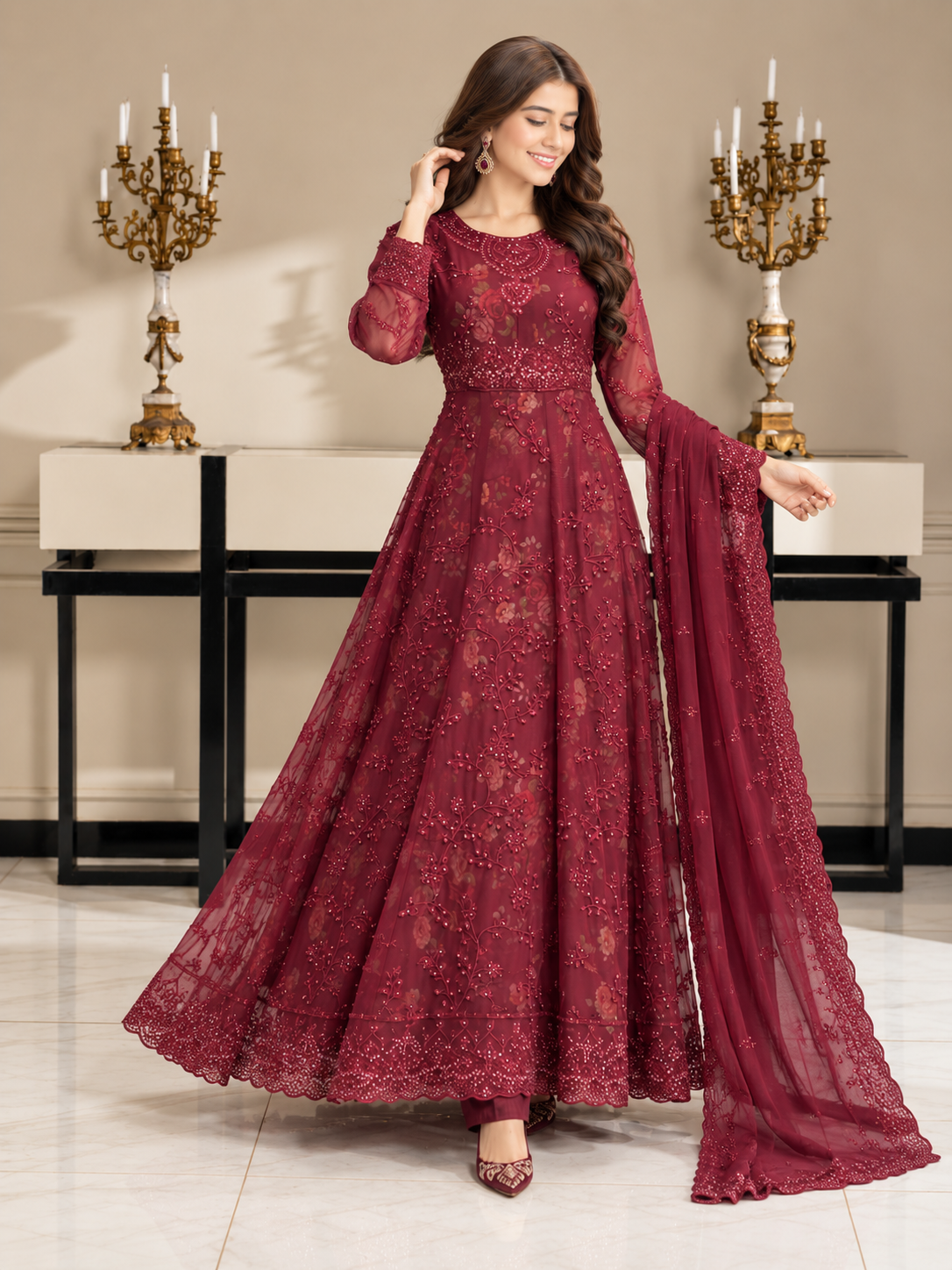 Luxury Embroidered Chiffon Long Frock Suit with Floral Print - Maroon