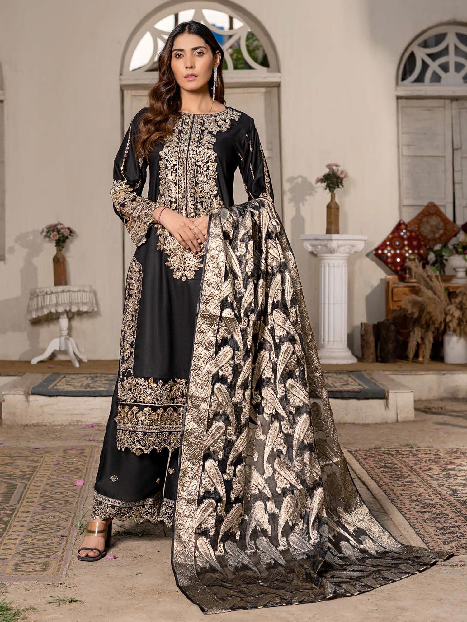 Rangz "Sana" Embroidered Linen 3pc Suit - Black