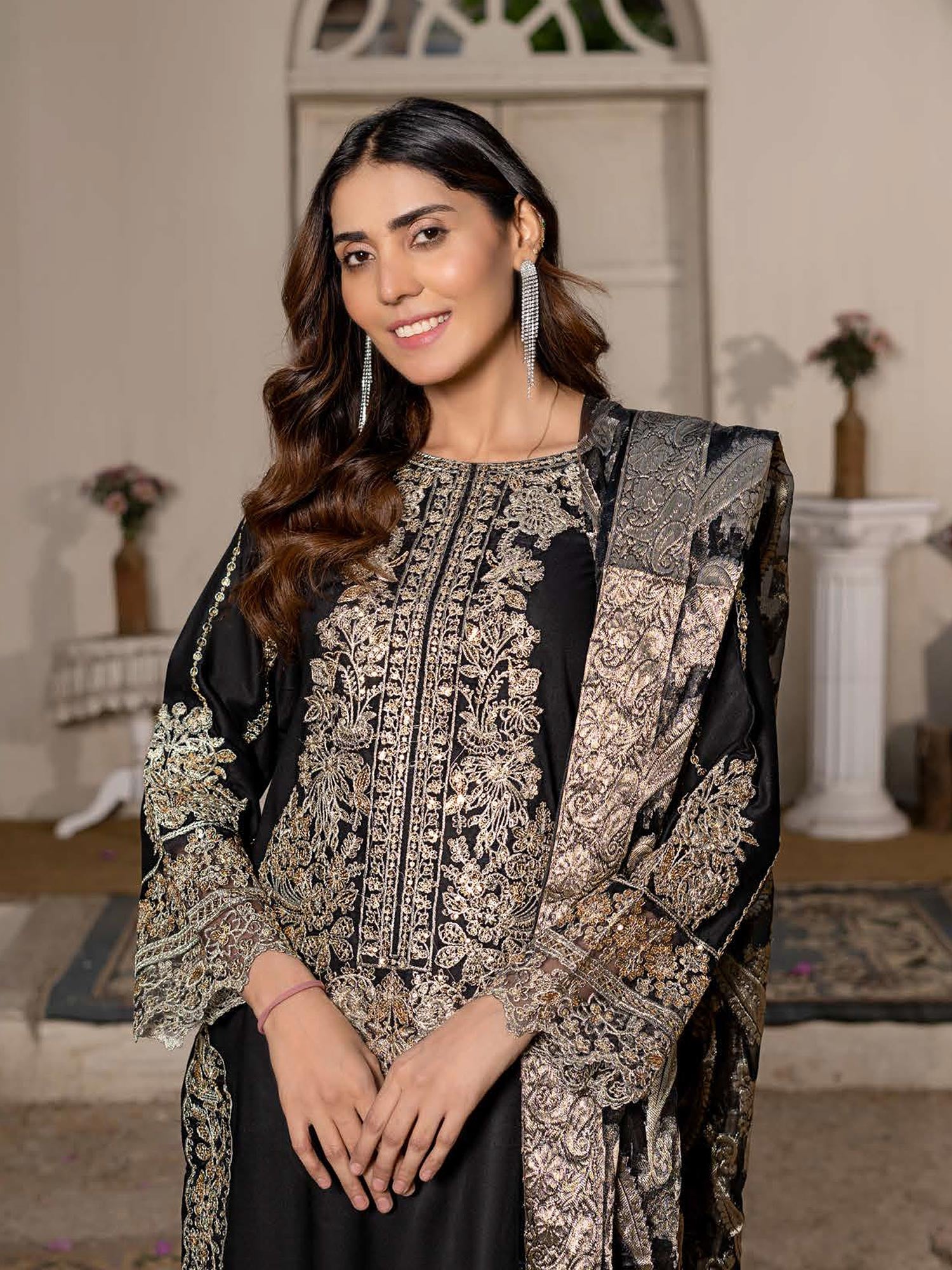Rangz "Sana" Embroidered Linen 3pc Suit - Black