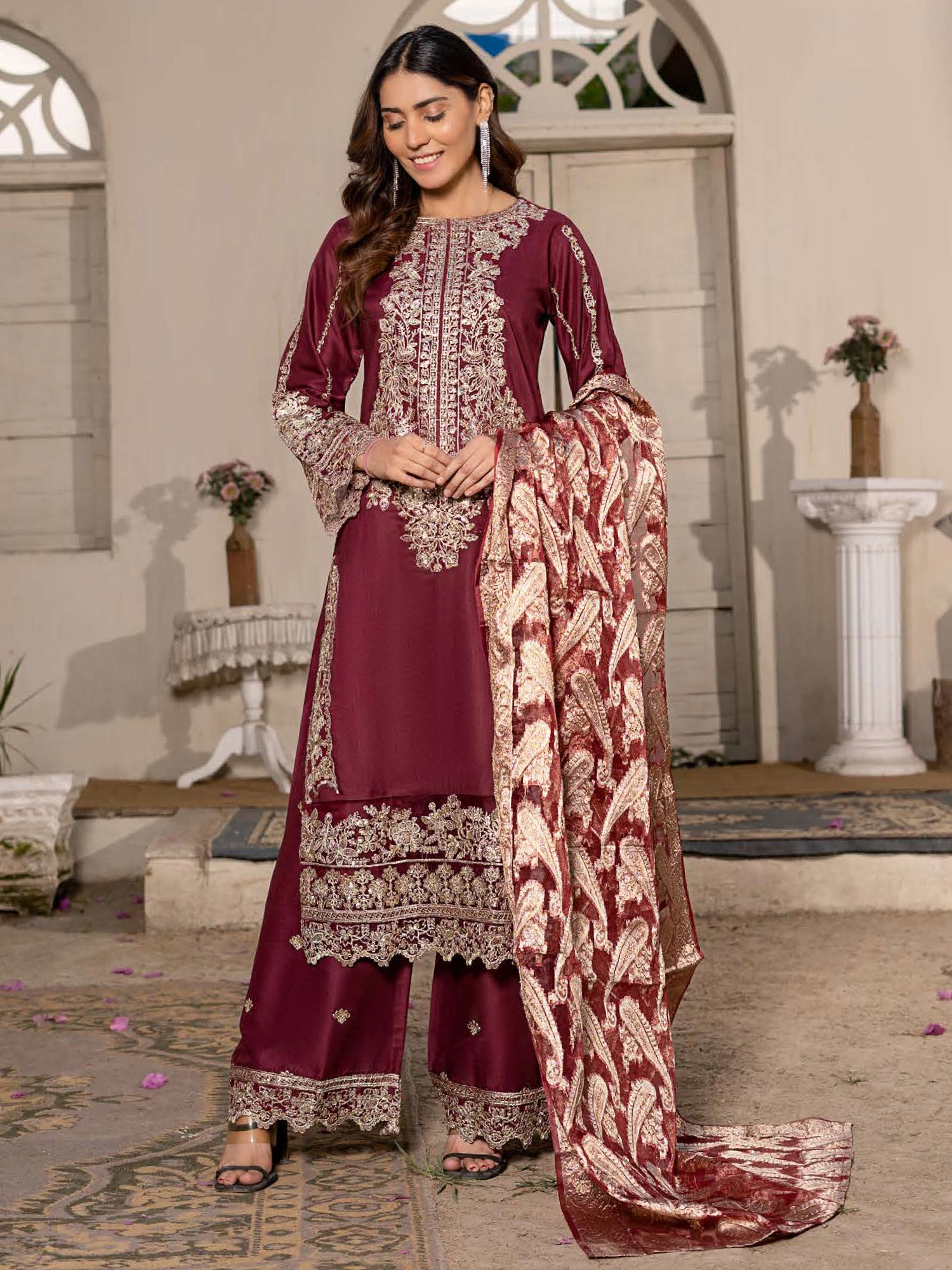 Rangz "Sana" Embroidered Linen 3pc Suit - Maroon