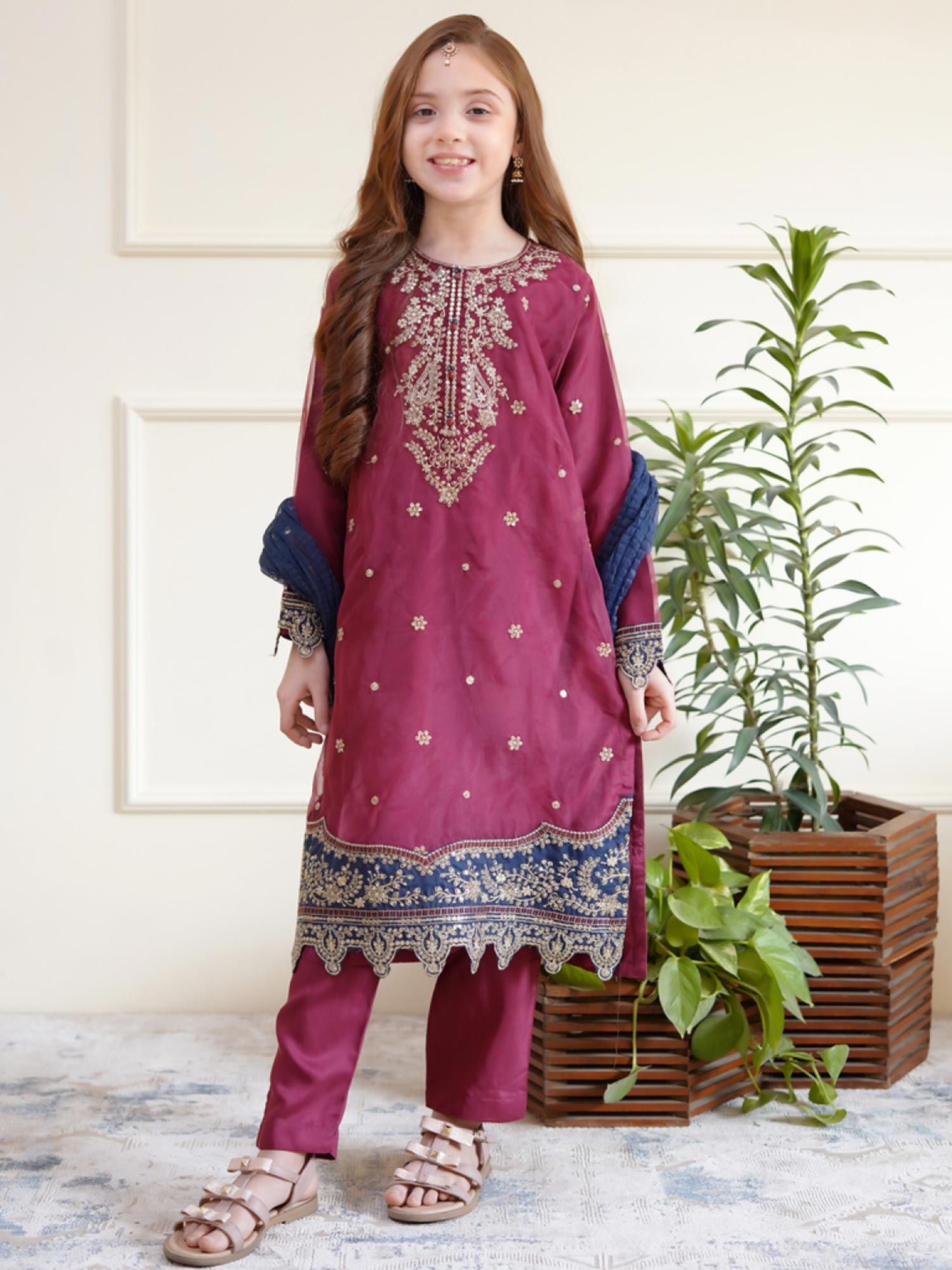 Kids Embroidered Organza 3-Piece Suit - Magenta