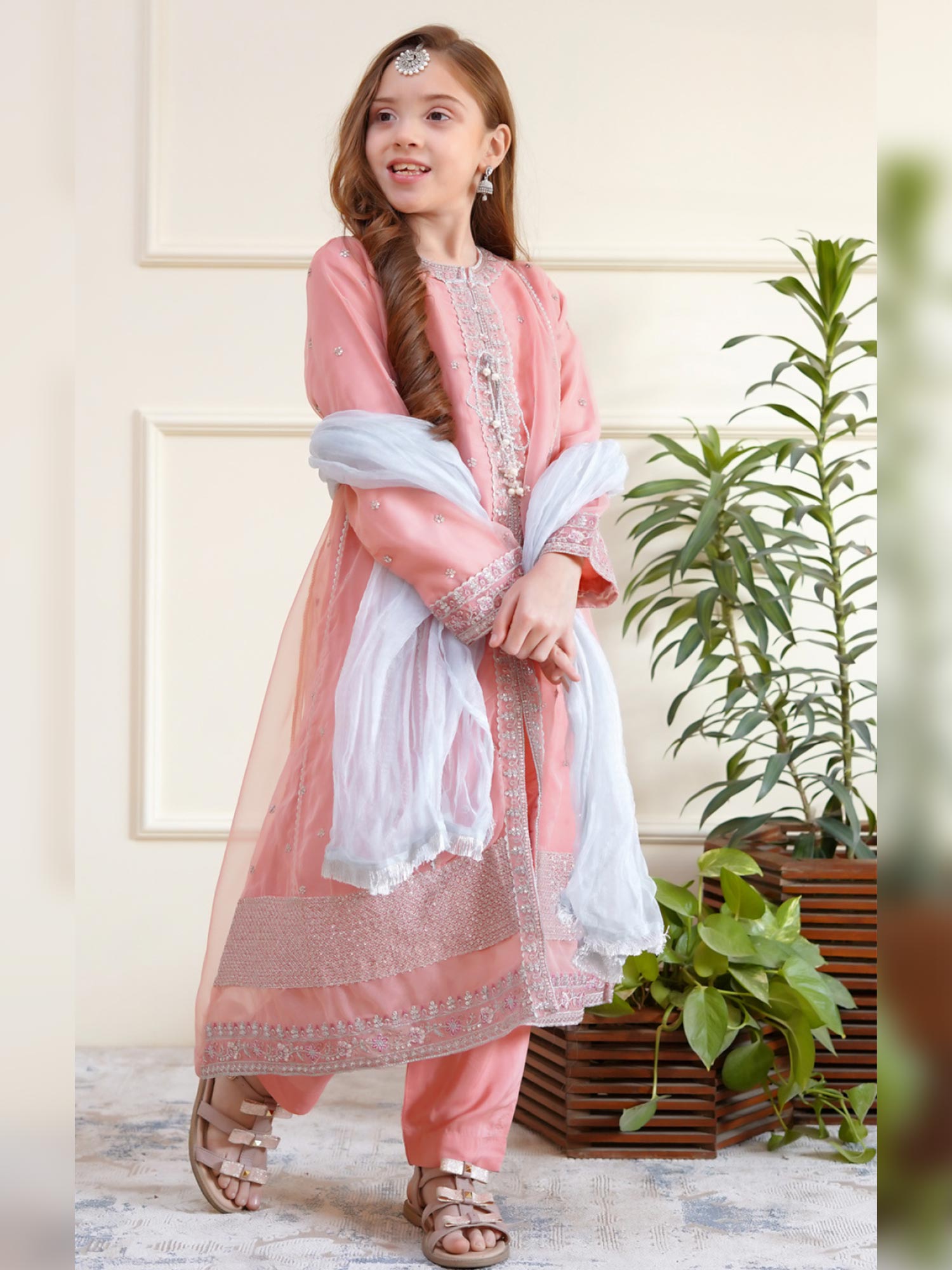 Kids Embroidered Organza 3-Piece Suit - Peach