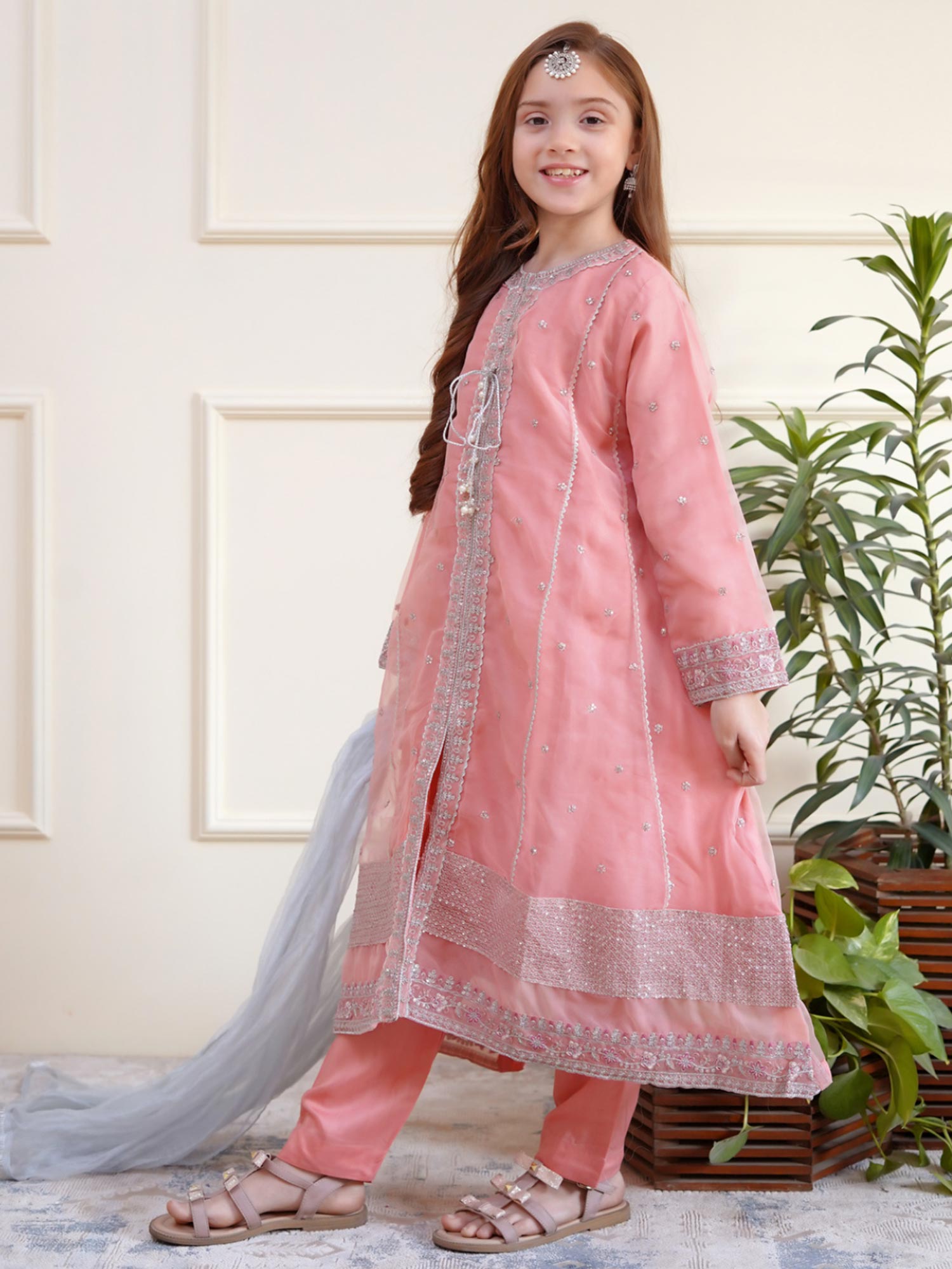 Kids Embroidered Organza 3-Piece Suit - Peach