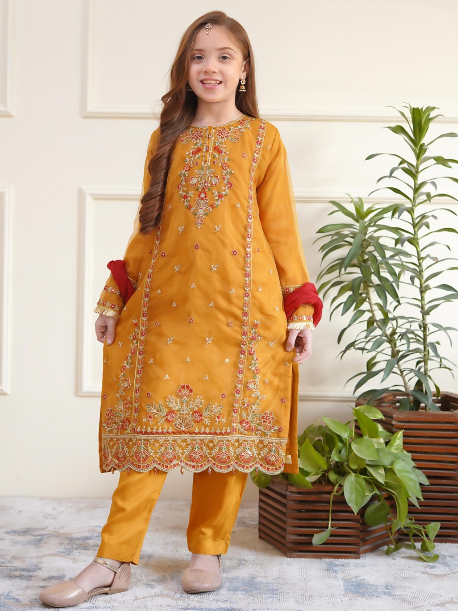 Kids Embroidered Organza 3-Piece Suit - Mustard