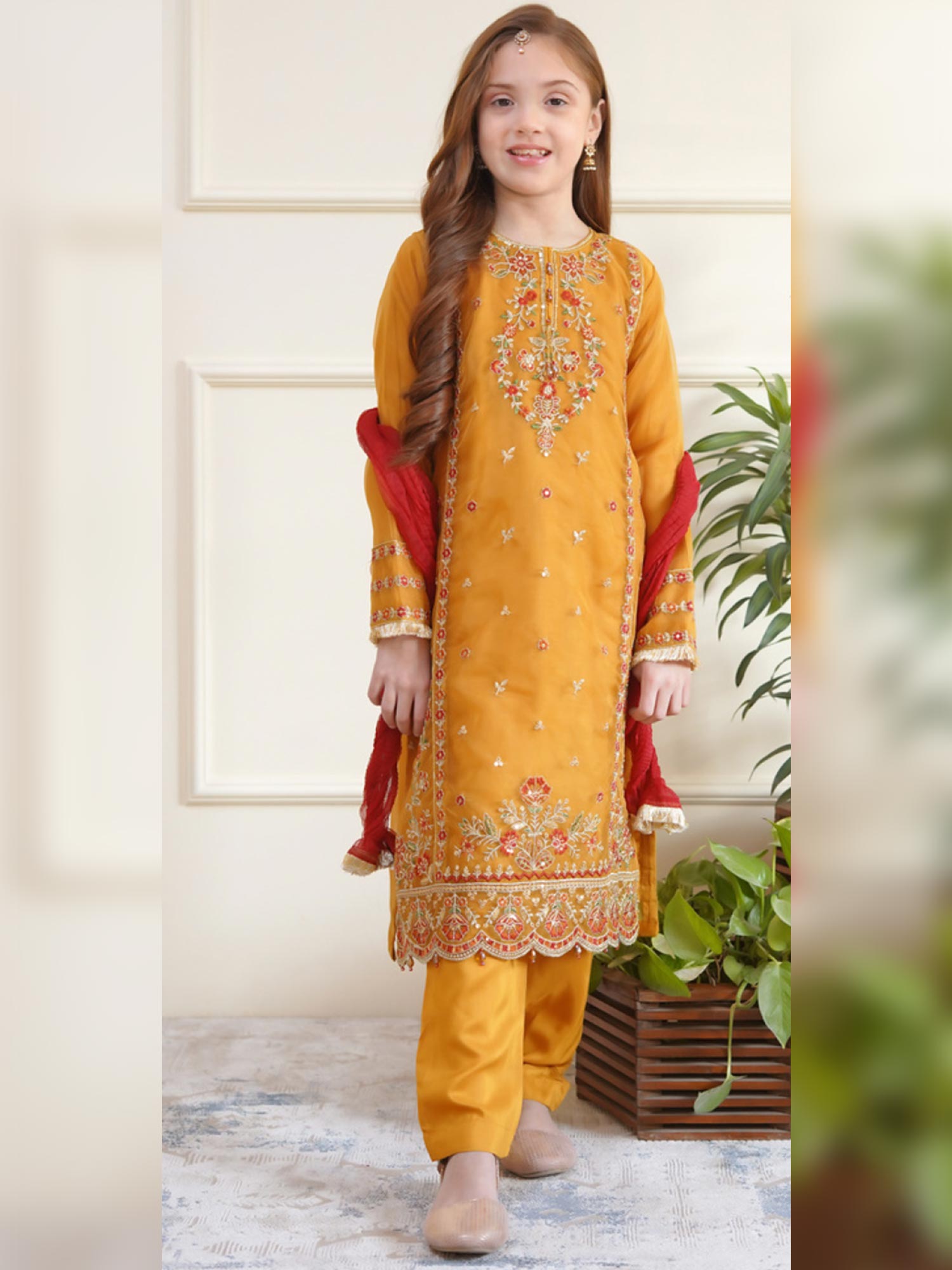 Kids Embroidered Organza 3-Piece Suit - Mustard