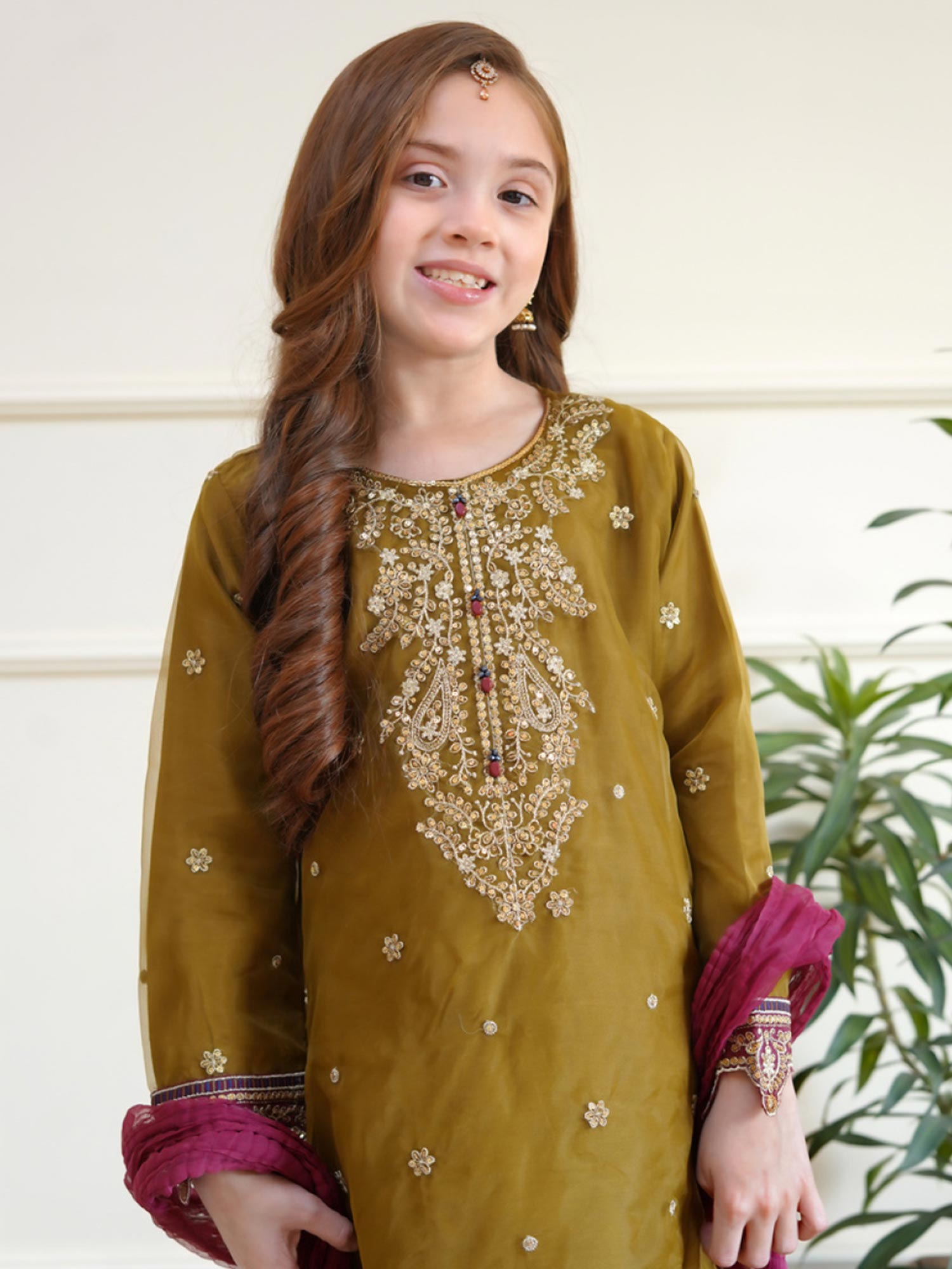 Kids Embroidered Organza 3-Piece Suit - Olive