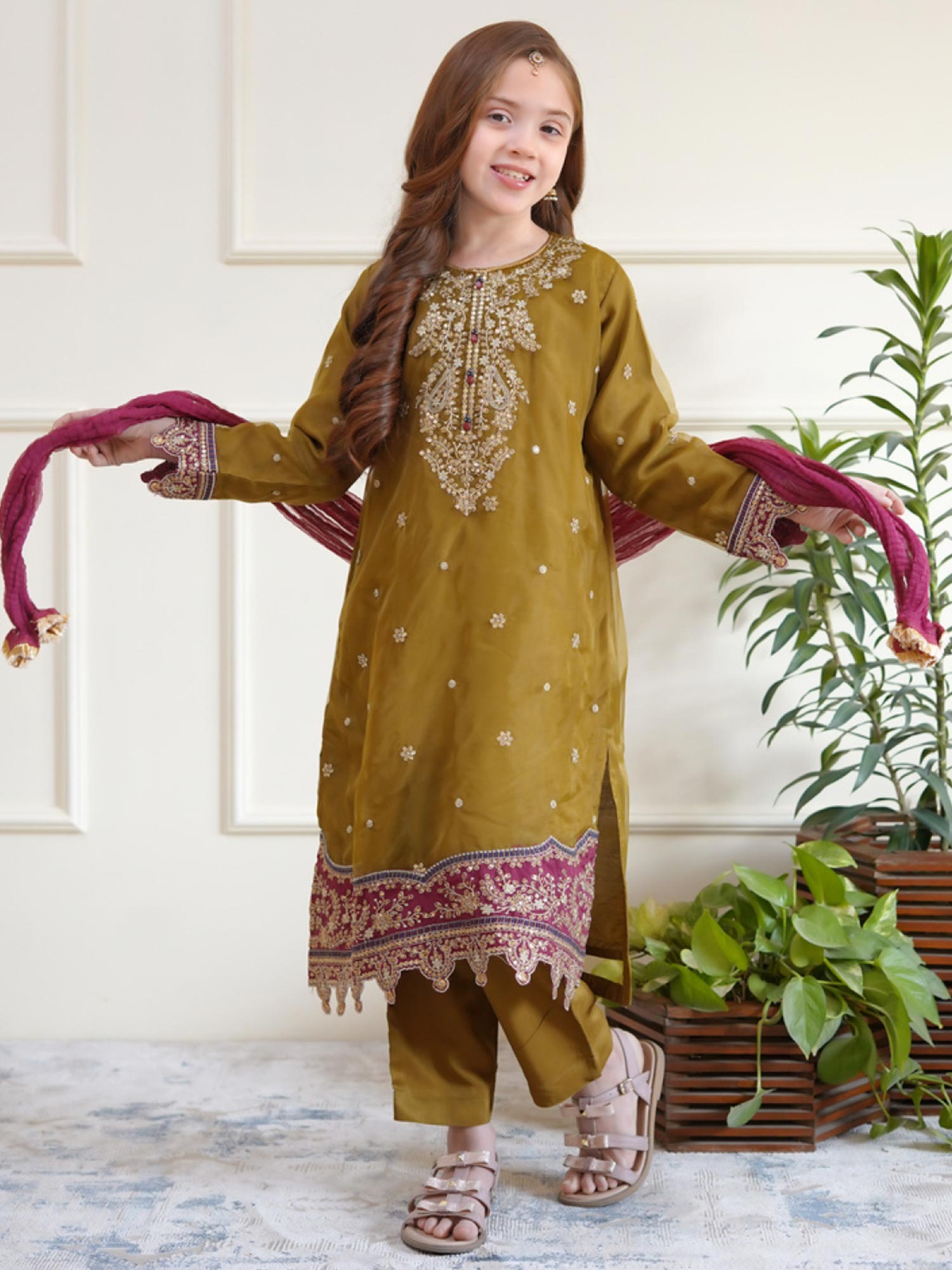 Kids Embroidered Organza 3-Piece Suit - Olive