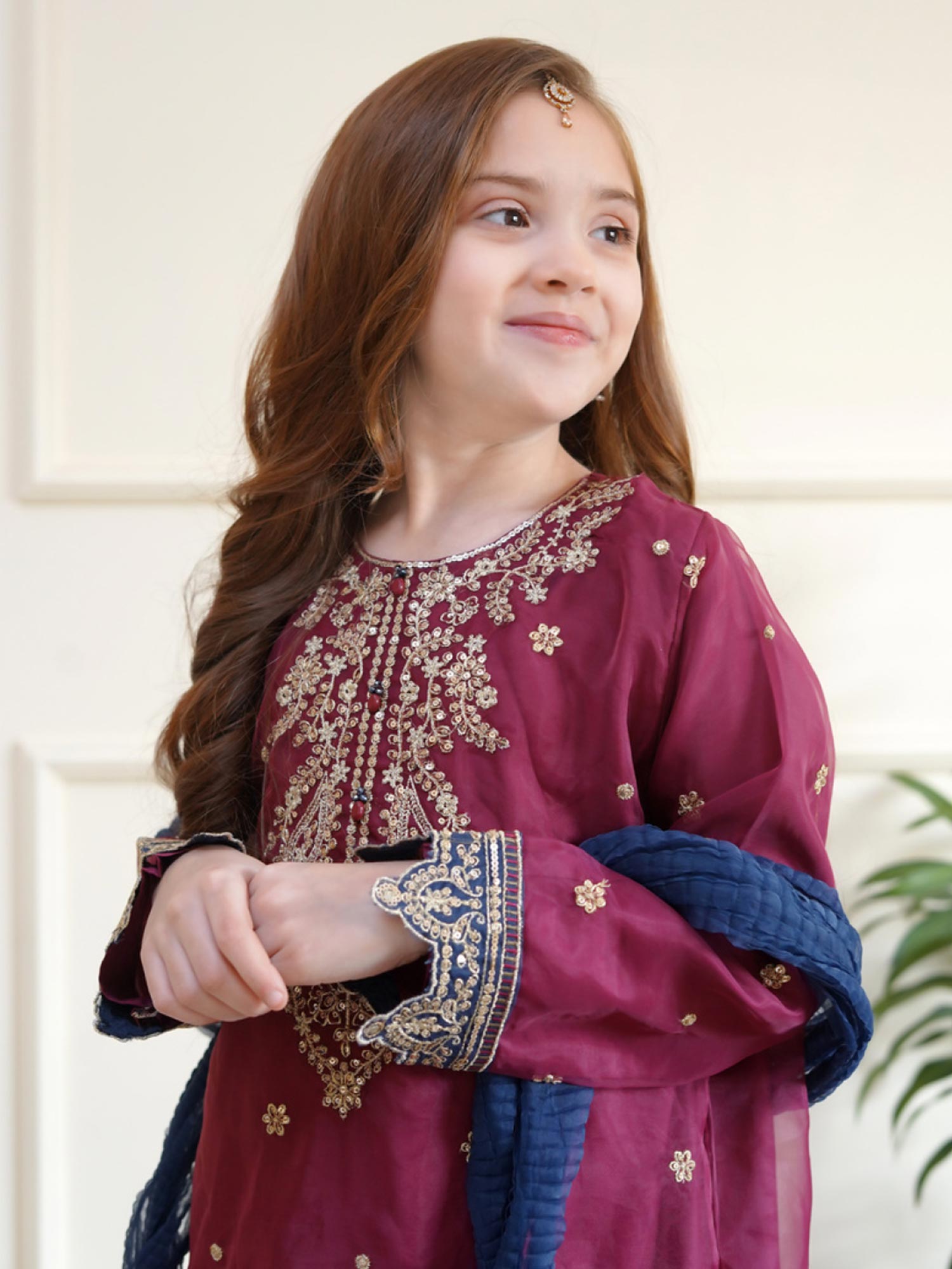 Kids Embroidered Organza 3-Piece Suit - Magenta