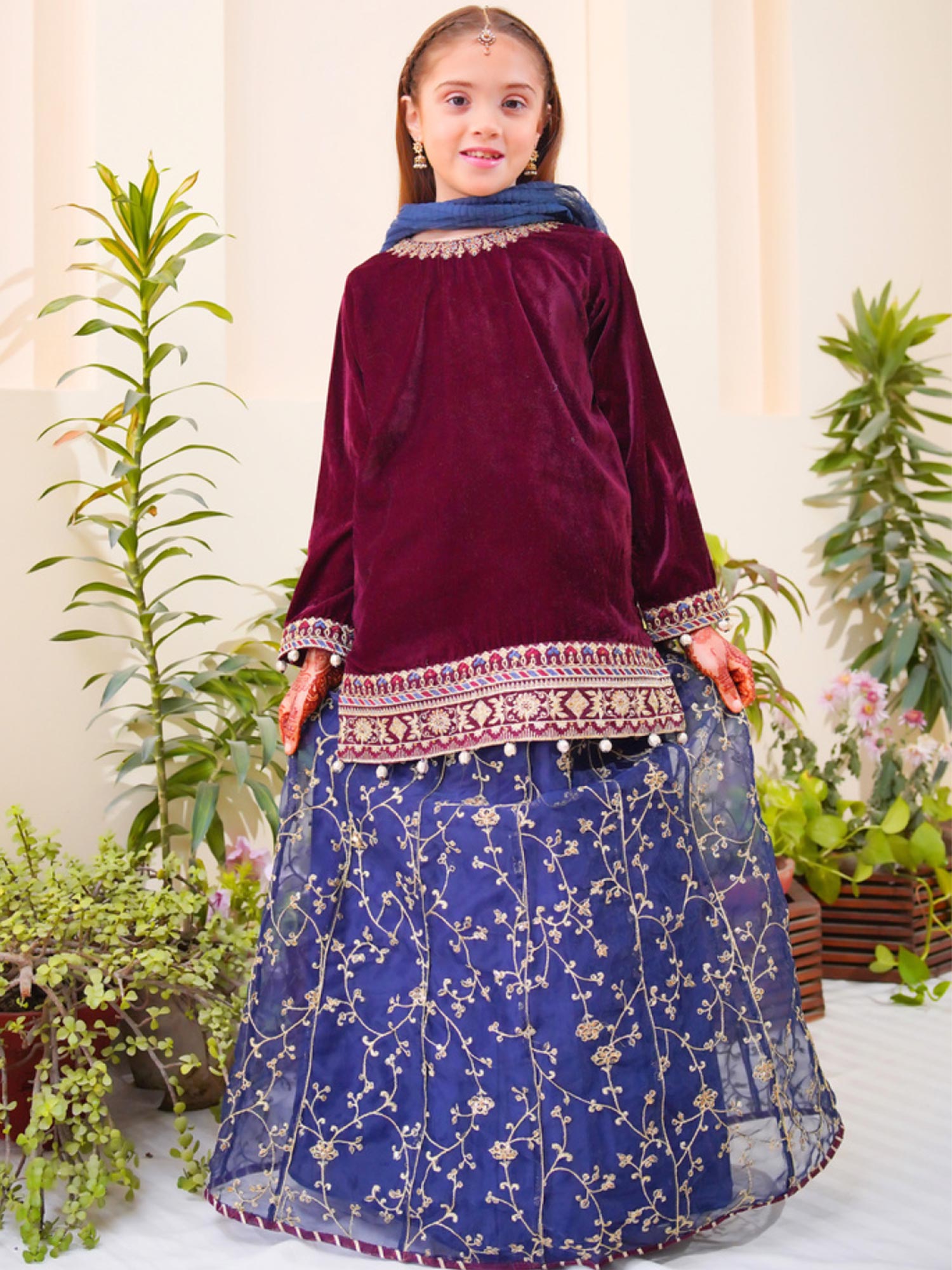 Kids Velvet Festive 3-Piece Lehnga Suit - Magenta & Blue