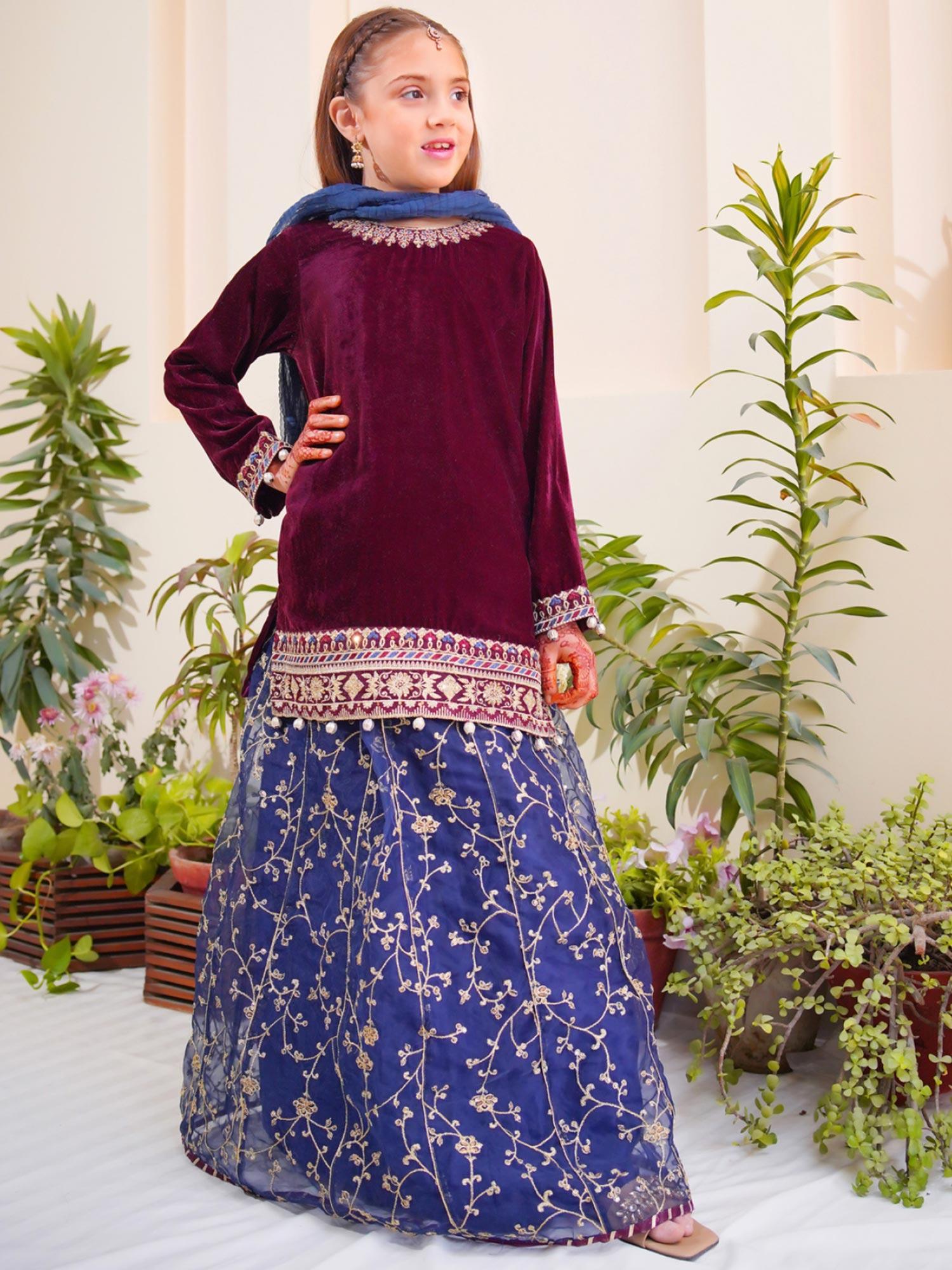 Kids Velvet Festive 3-Piece Lehnga Suit - Magenta & Blue