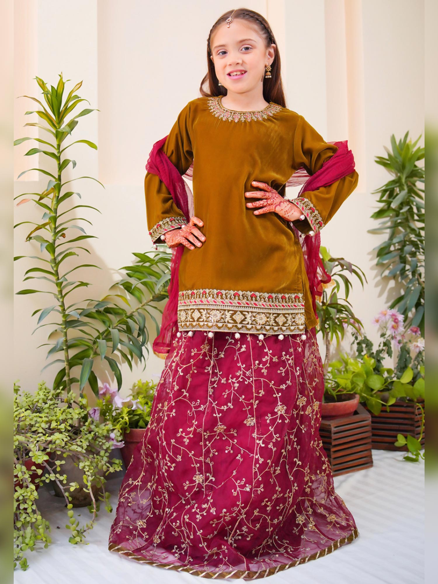 Kids Velvet Festive 3-Piece Lehnga Suit - Mehndi & Pink