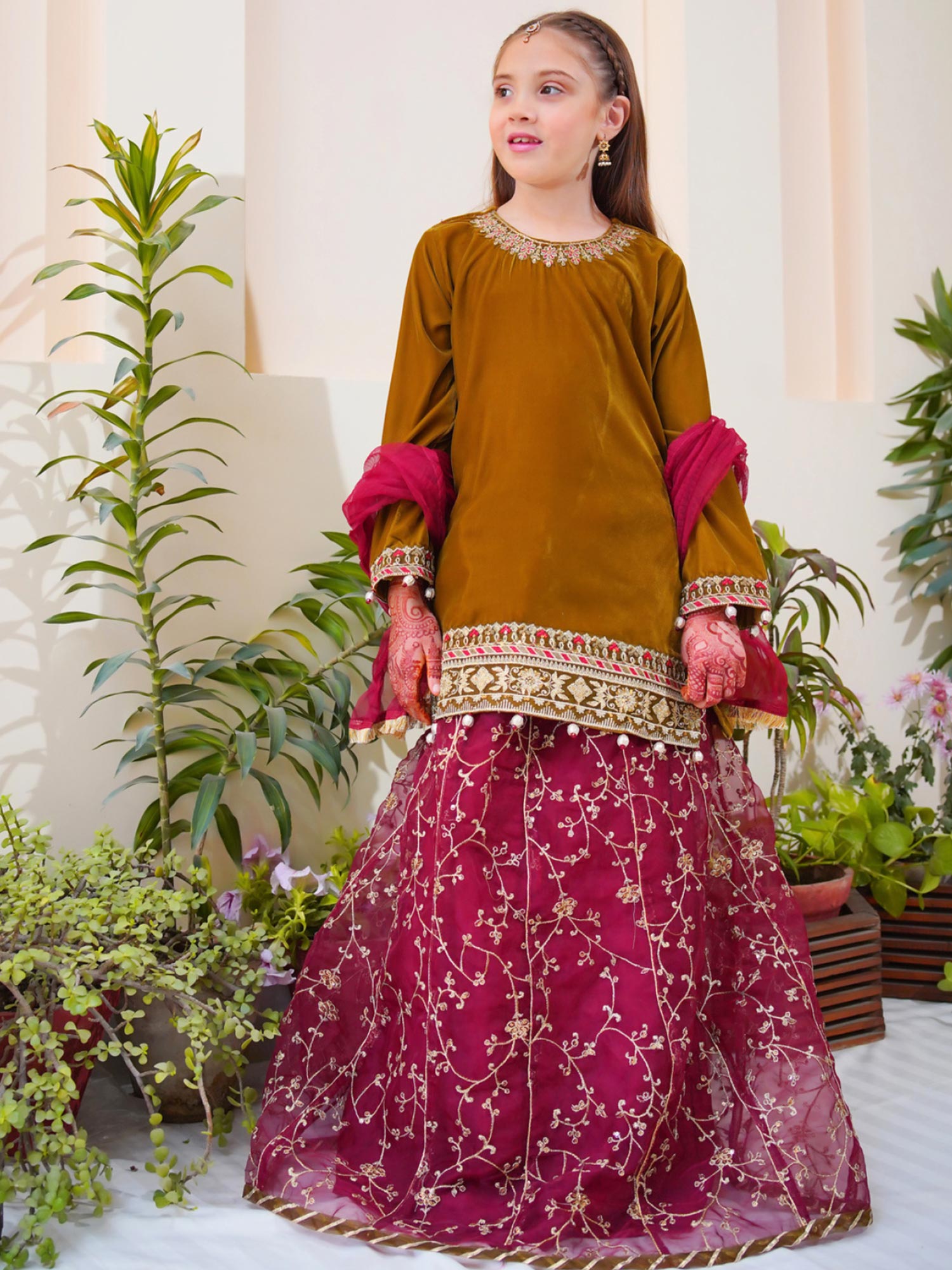 Kids Velvet Festive 3-Piece Lehnga Suit - Mehndi & Pink