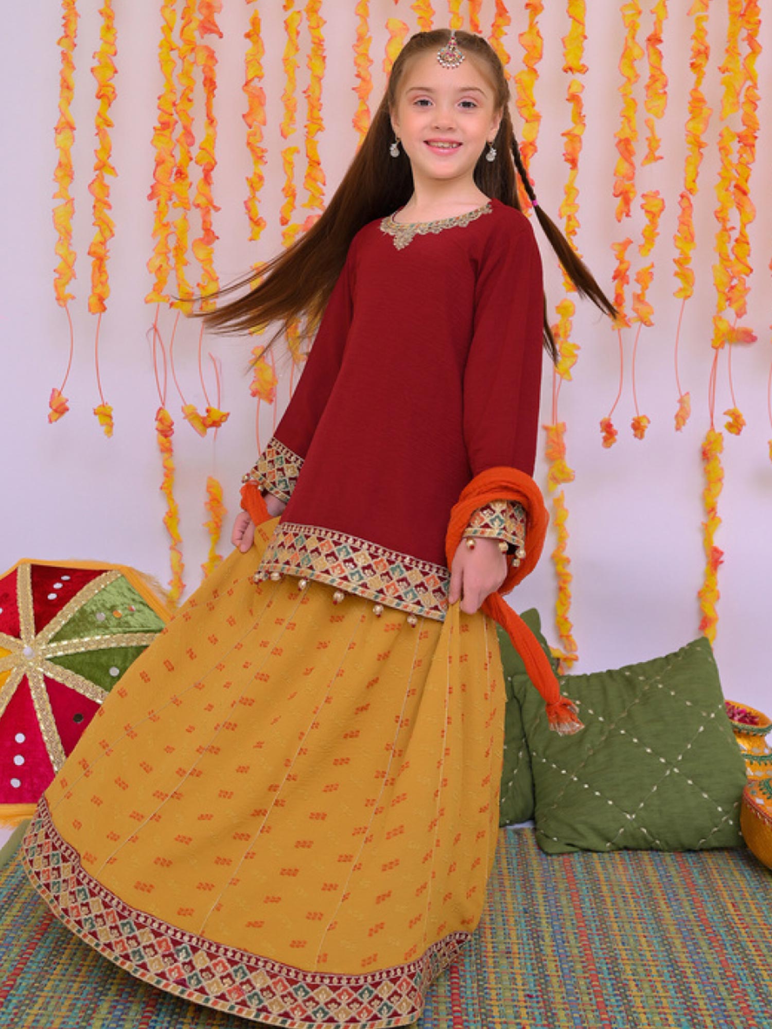 Kids Festive 3-Piece Lehnga Suit - Red & Mustard
