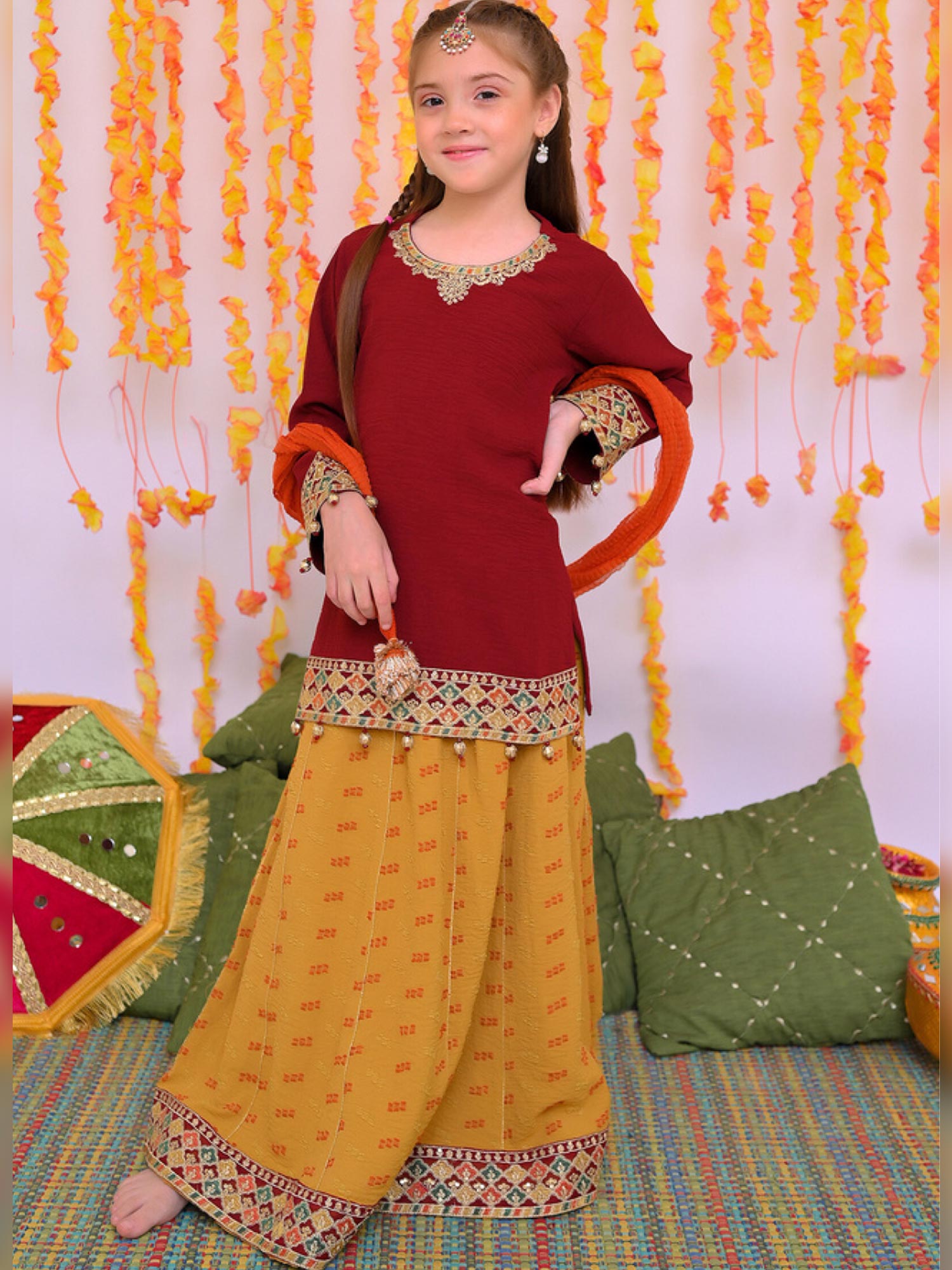 Kids Festive 3-Piece Lehnga Suit - Red & Mustard