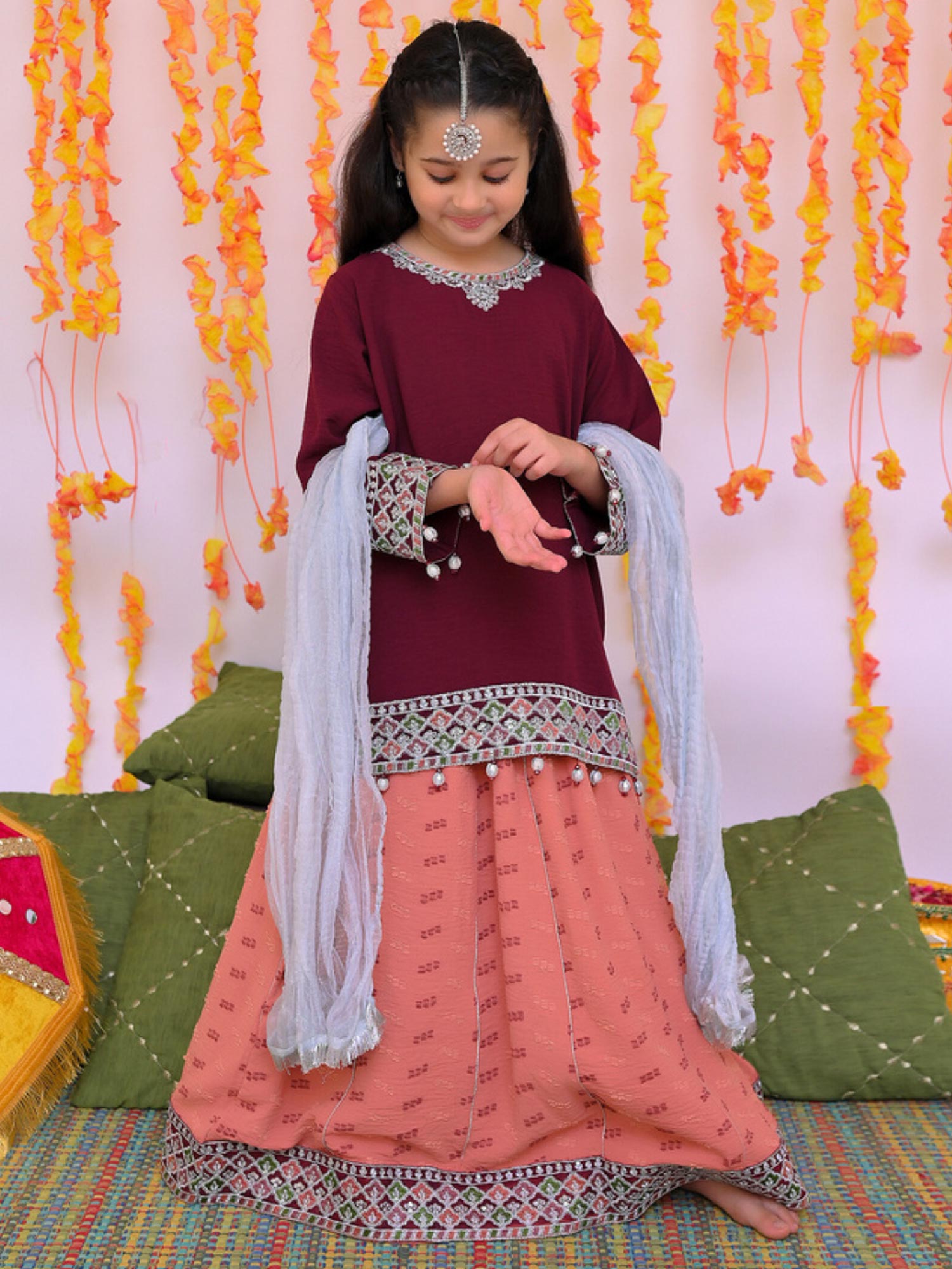 Kids Festive 3-Piece Lehnga Suit - Rose & Coral Pink