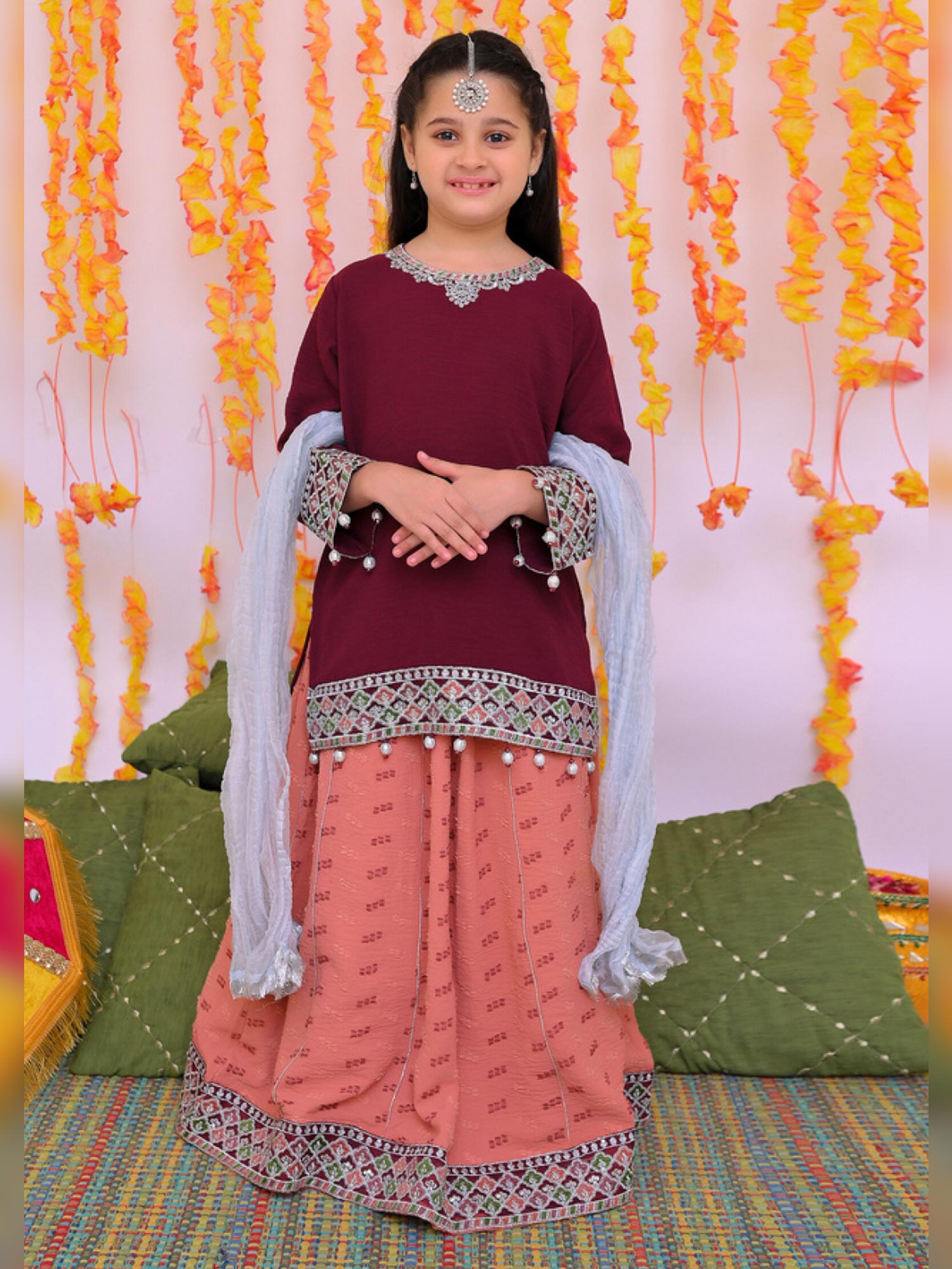 Kids Festive 3-Piece Lehnga Suit - Rose & Coral Pink