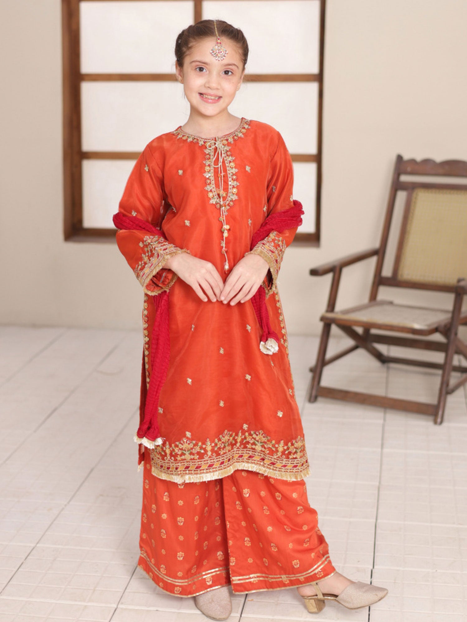 Kids Embroidered Lux Organza Suit - Rust