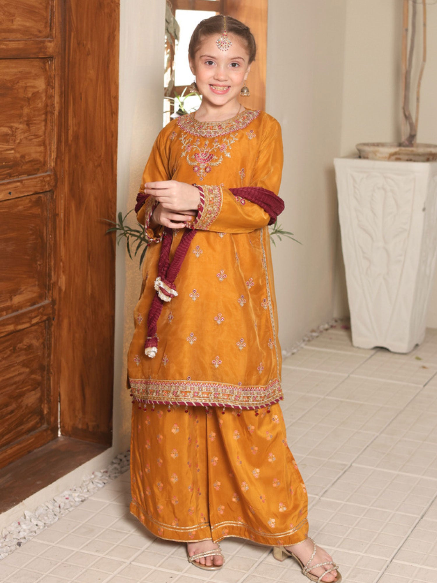 Kids Embroidered Lux Organza Suit - Mustard