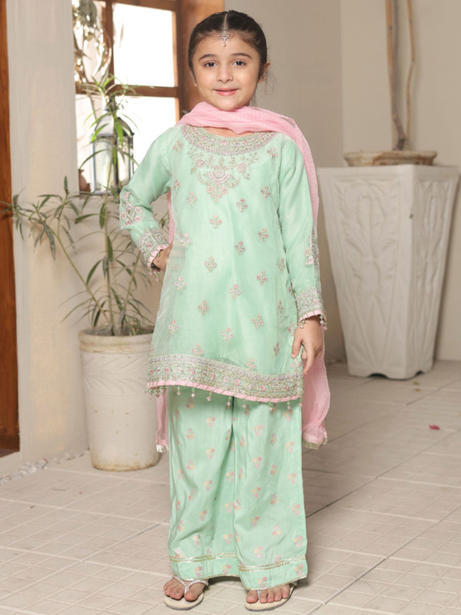 Kids Embroidered Lux Organza Suit - Mint