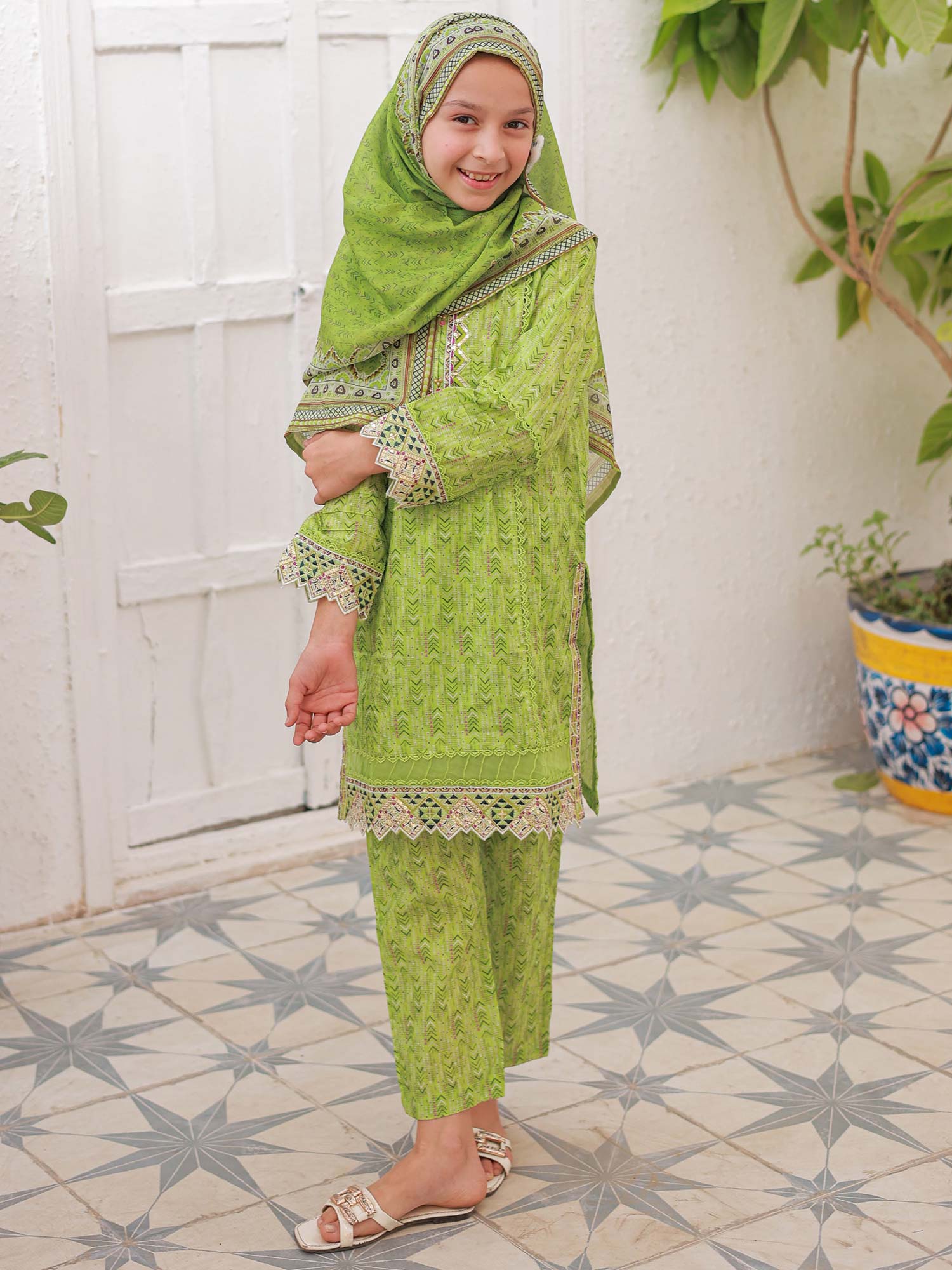 Mother-Daughter Lawn Casual 3-Piece Suit - Lime Green
