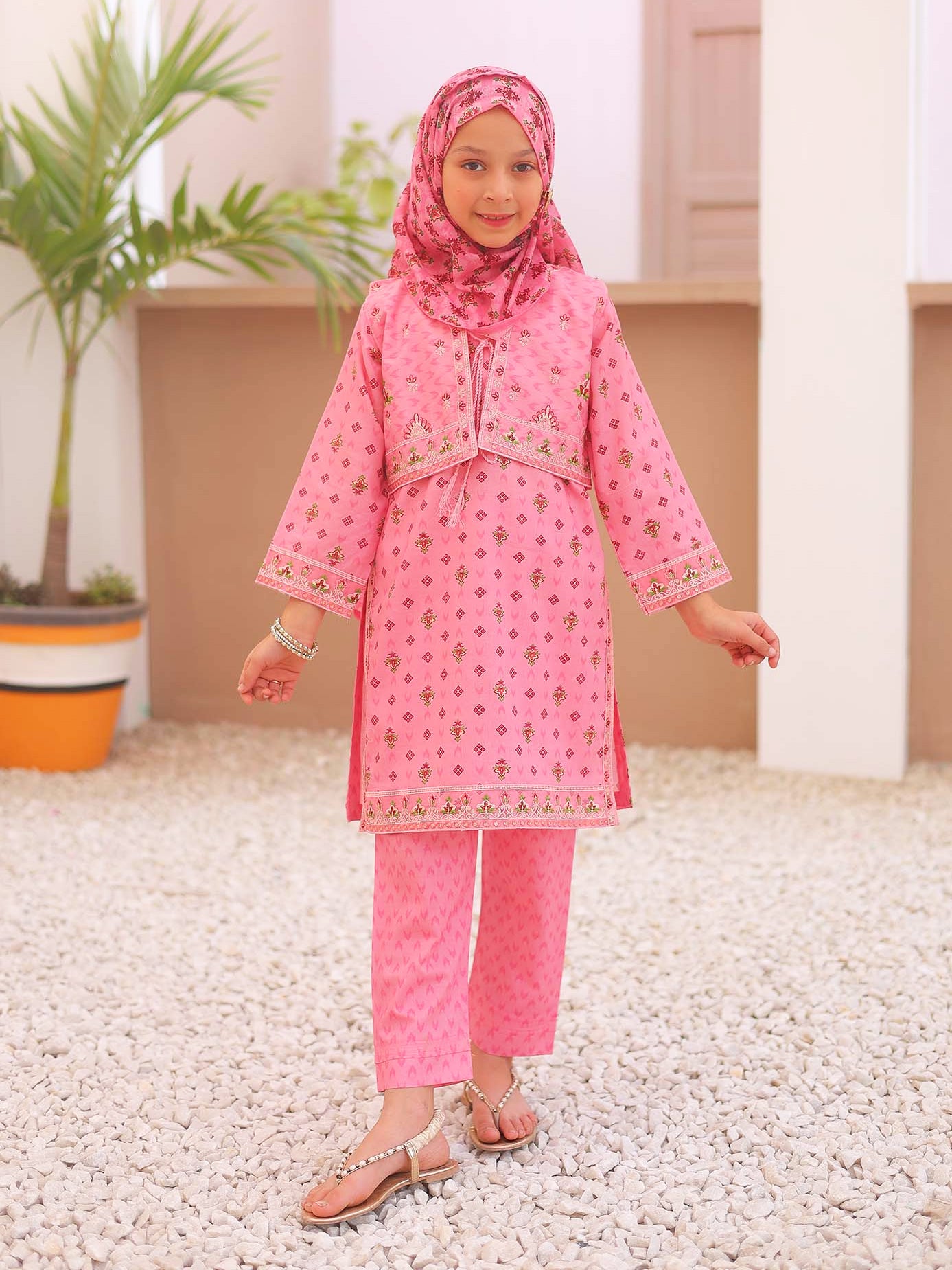 Kids Pink Casual Swiss Lawn 4-Piece Suit