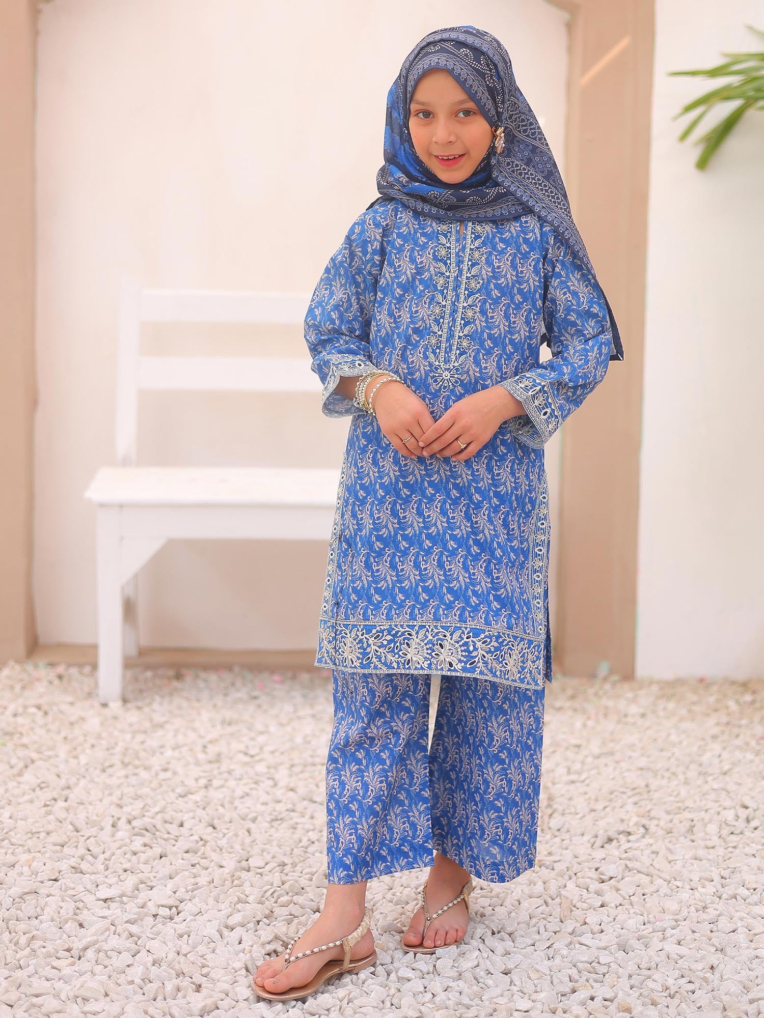 Kids Blue Casual Swiss Lawn 3-Piece Suit