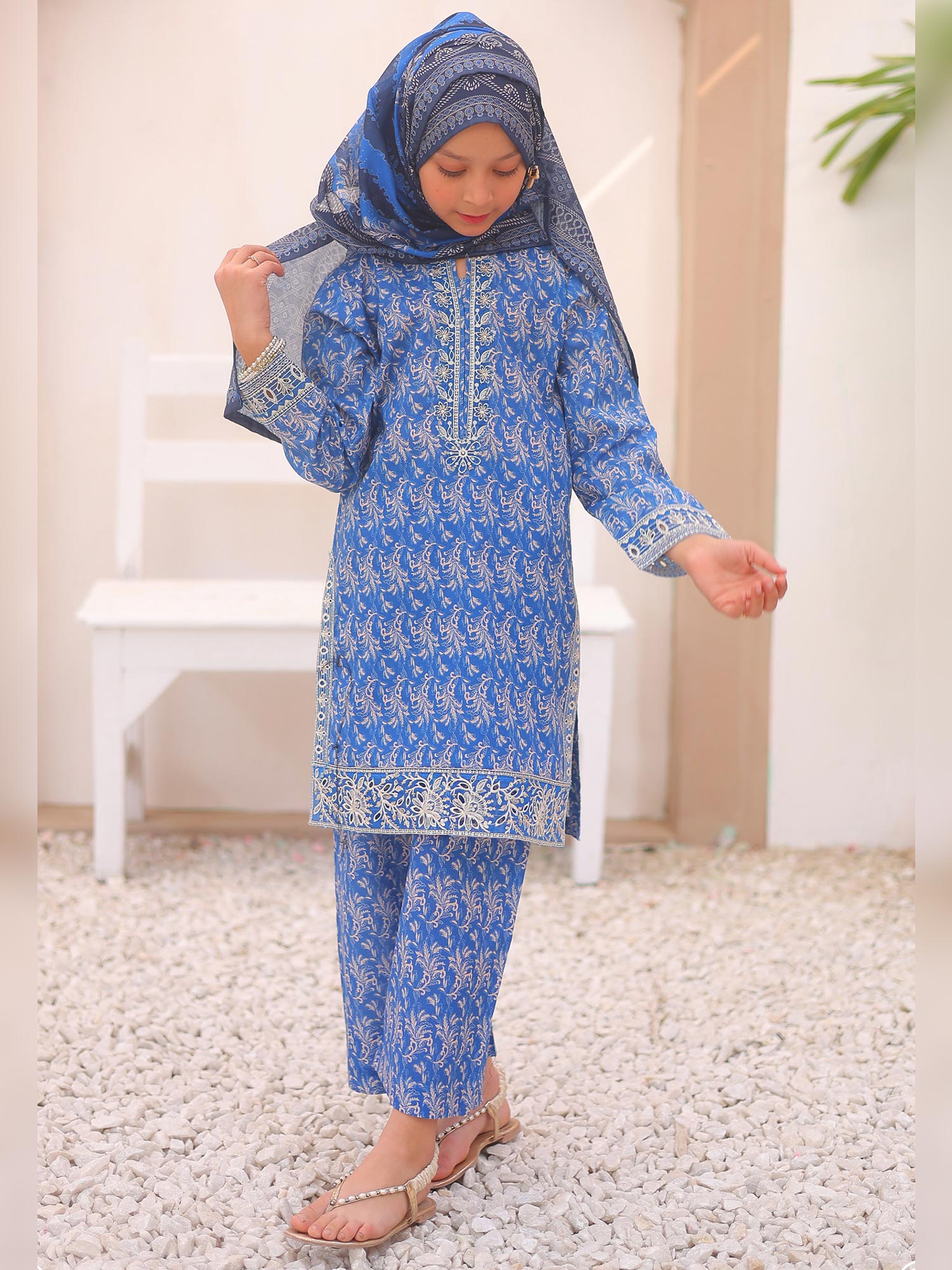 Kids Blue Casual Swiss Lawn 3-Piece Suit