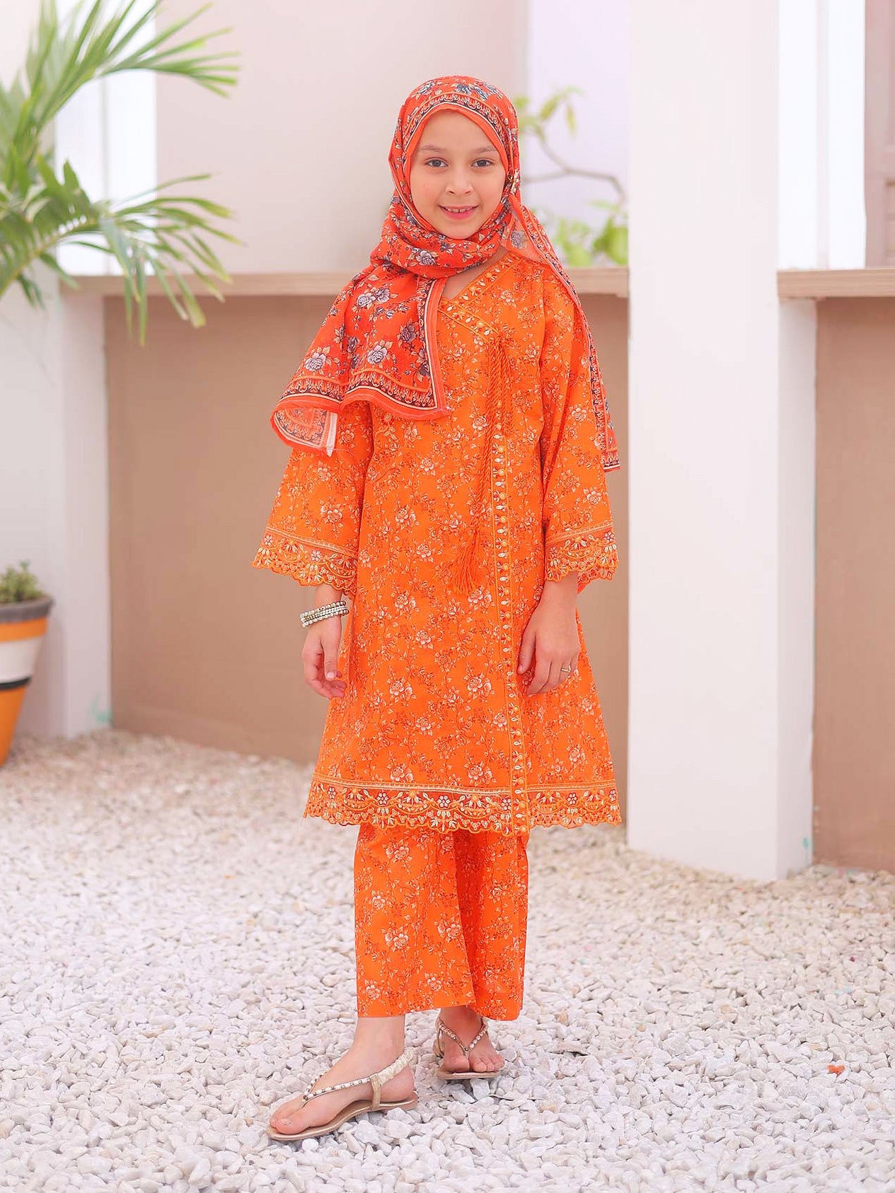 Kids Orange Casual Swiss Lawn 3-Piece Suit