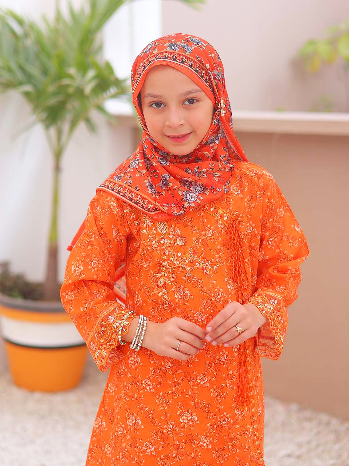 Kids Orange Casual Swiss Lawn 3-Piece Suit