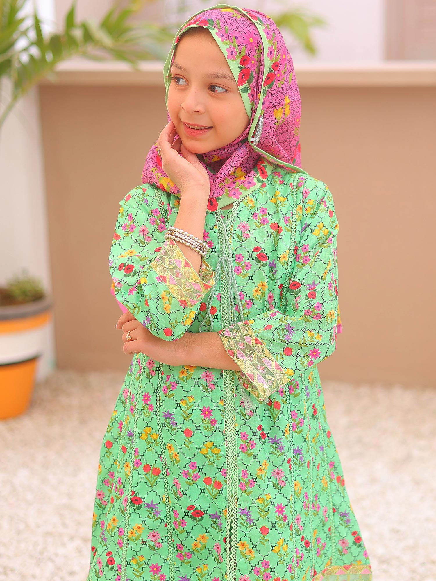 Kids Green Casual Swiss Lawn 3-Piece Suit