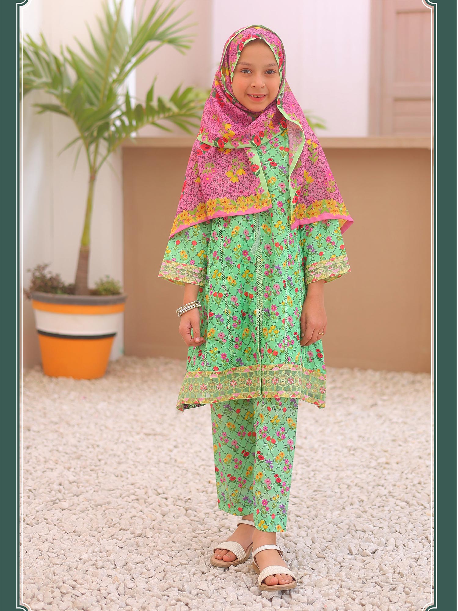 Kids Green Casual Swiss Lawn 3-Piece Suit