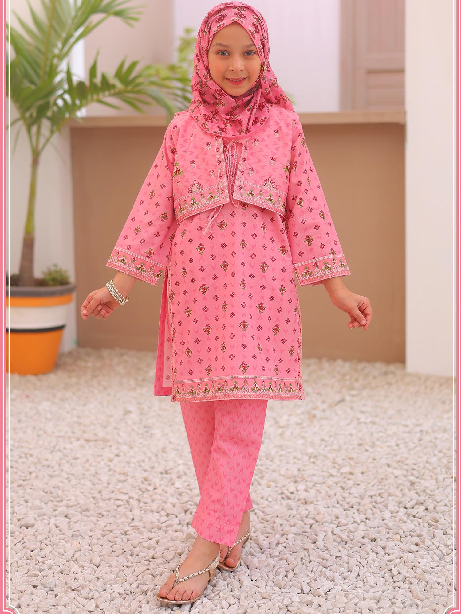 Kids Pink Casual Swiss Lawn 4-Piece Suit
