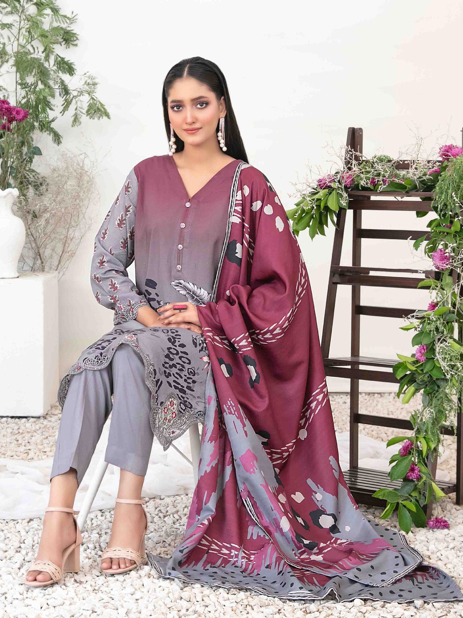 Tawakkal "Suhaila" Embroidered Staple Linen Suit (D3705) - Purple & Grey