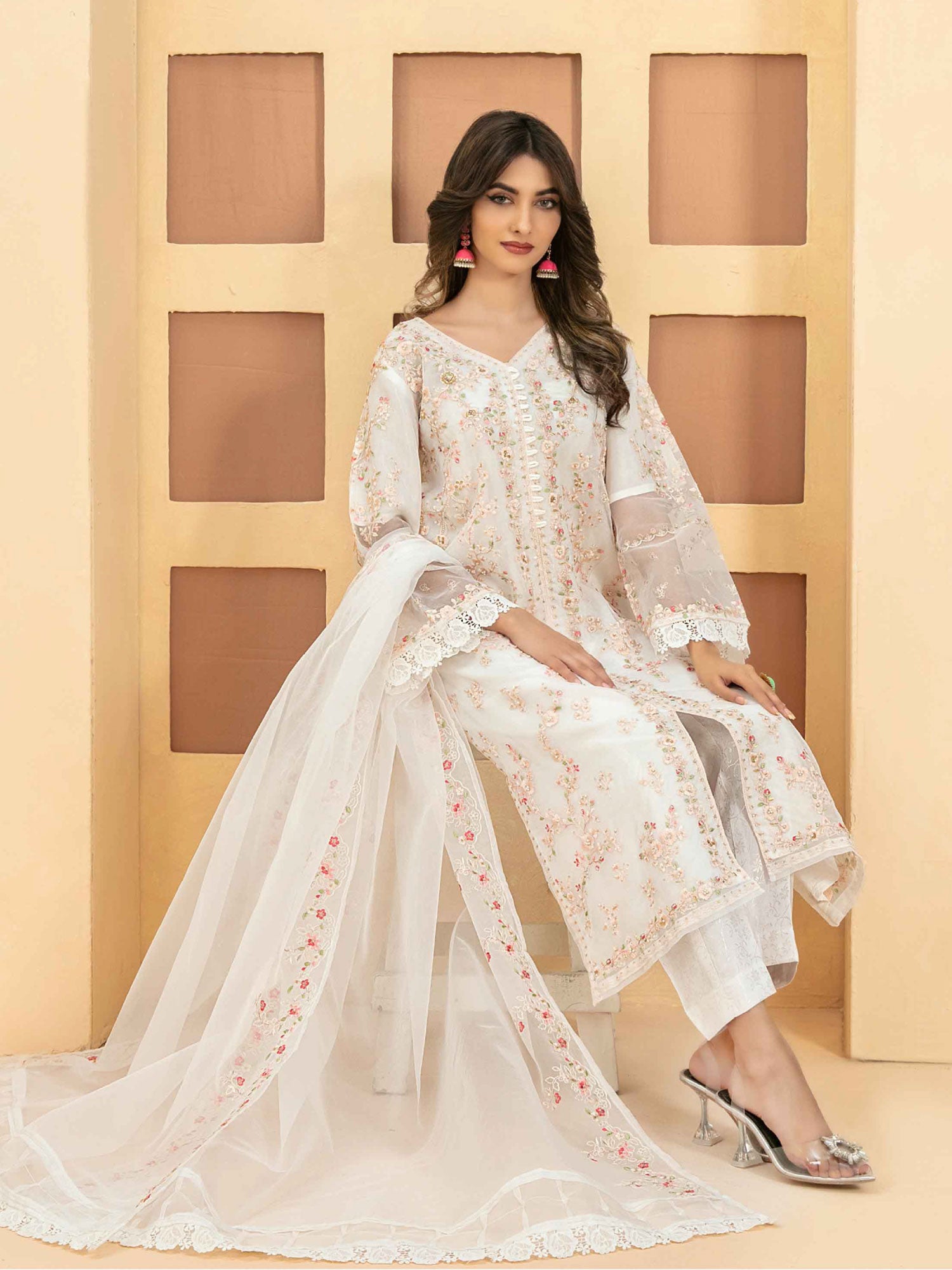 Tawakkal "Taalea" Embroidered Organza Suit (D2181) - White