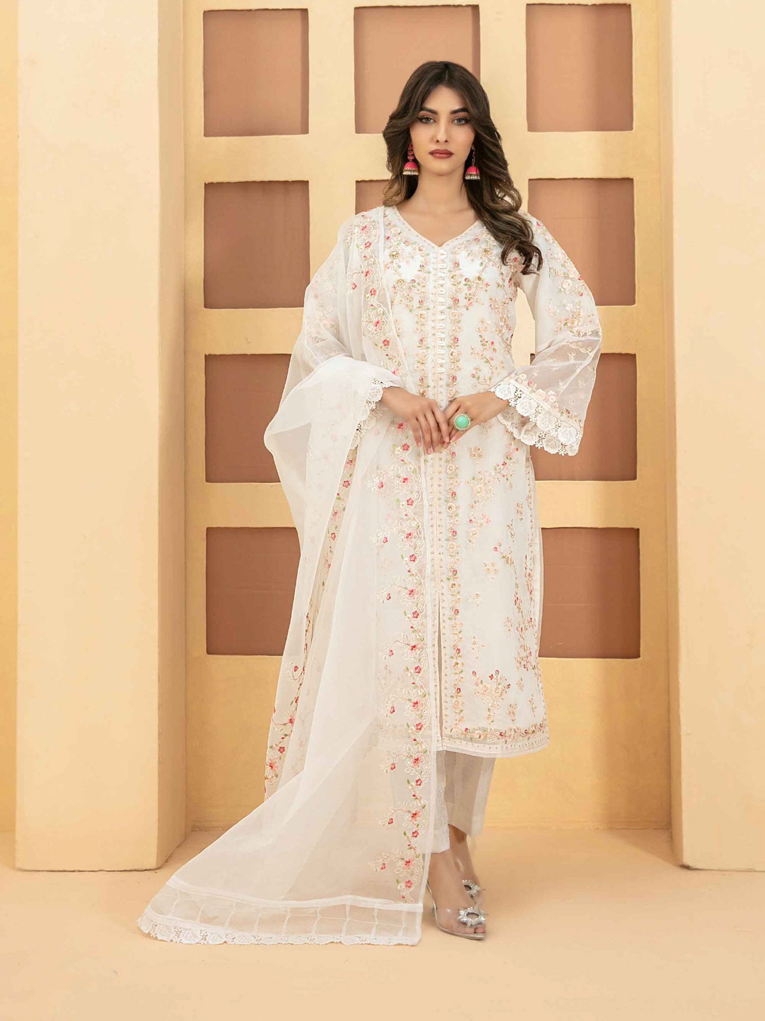 Tawakkal "Taalea" Embroidered Organza Suit (D2181) - White