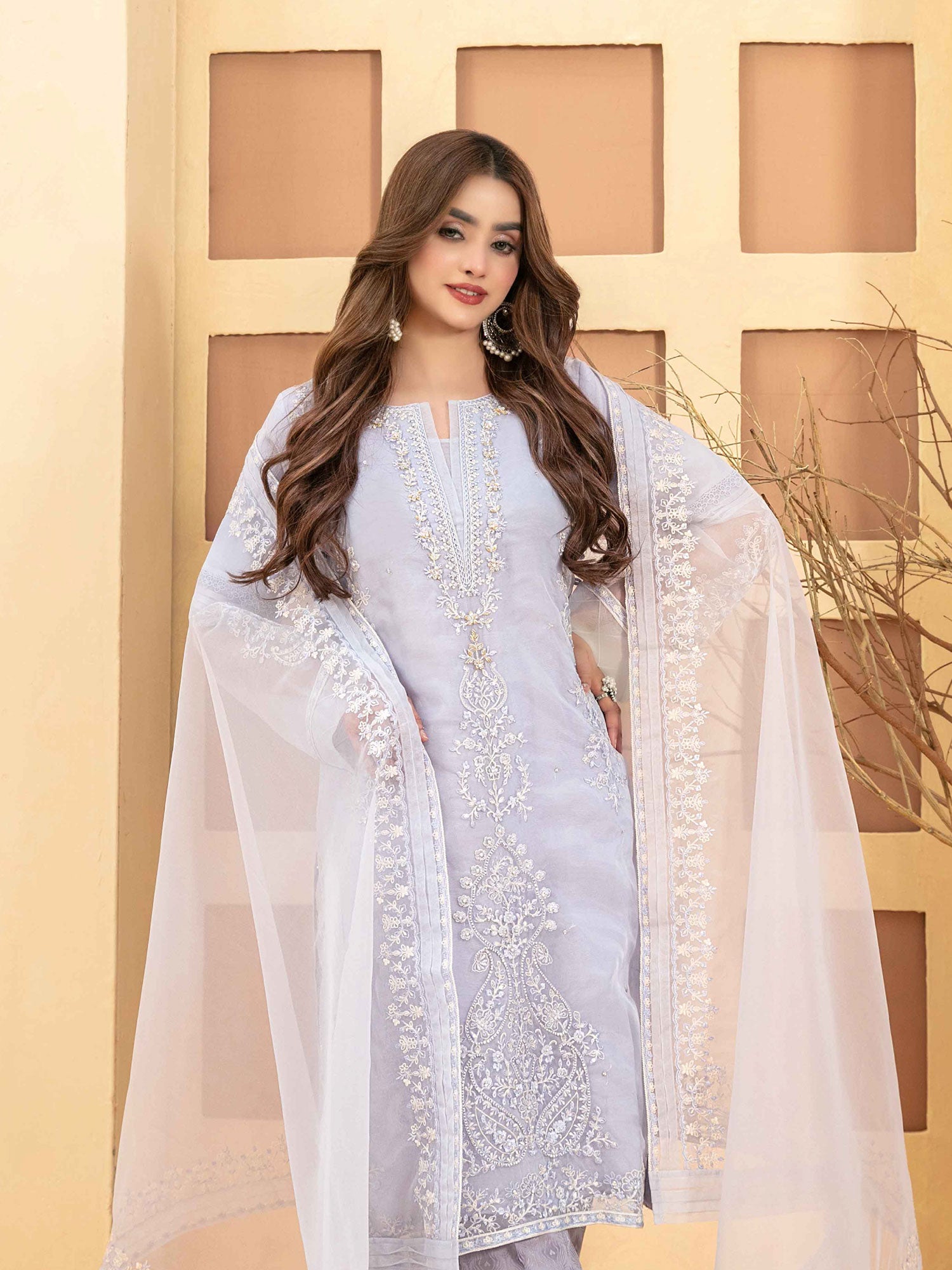 Tawakkal "Taalea" Embroidered Organza Suit (D2184) - Blue-Grey