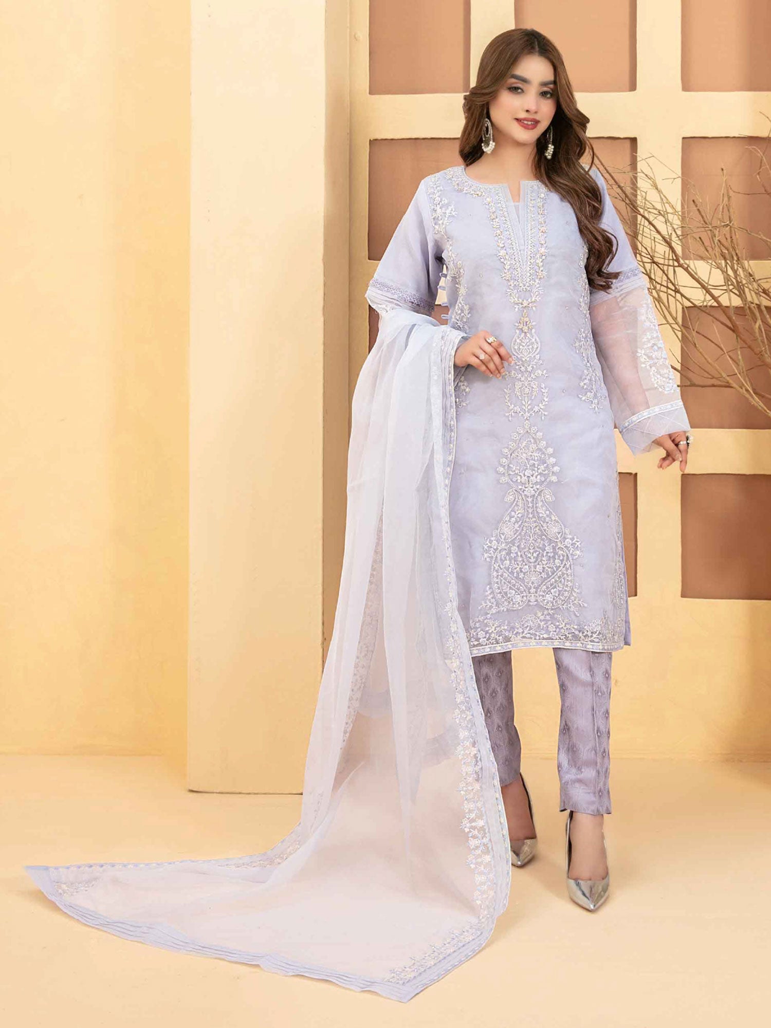 Tawakkal "Taalea" Embroidered Organza Suit (D2184) - Blue-Grey