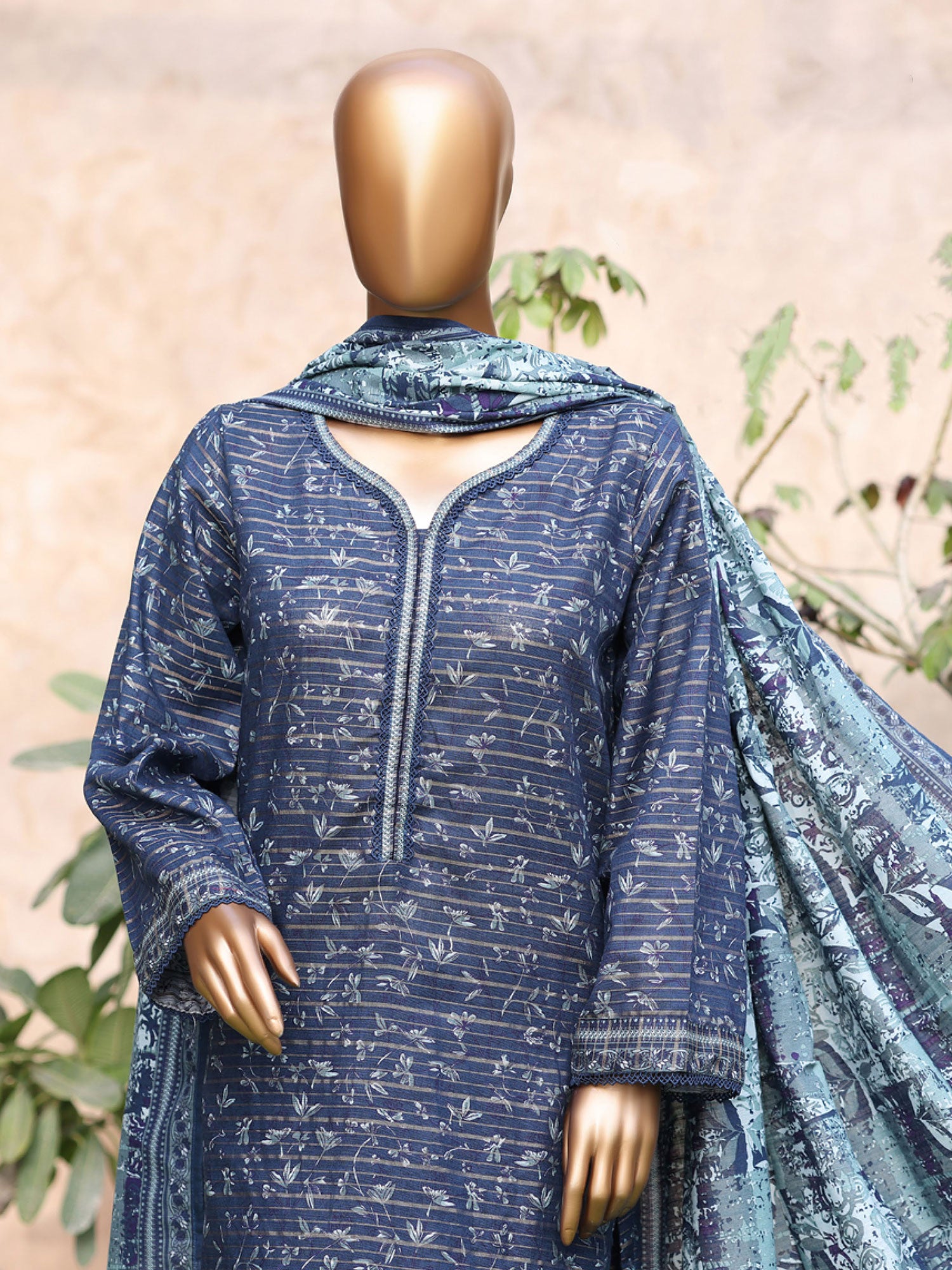 Bin Saeed Printed Khaddar 3-Piece Suit - Navy