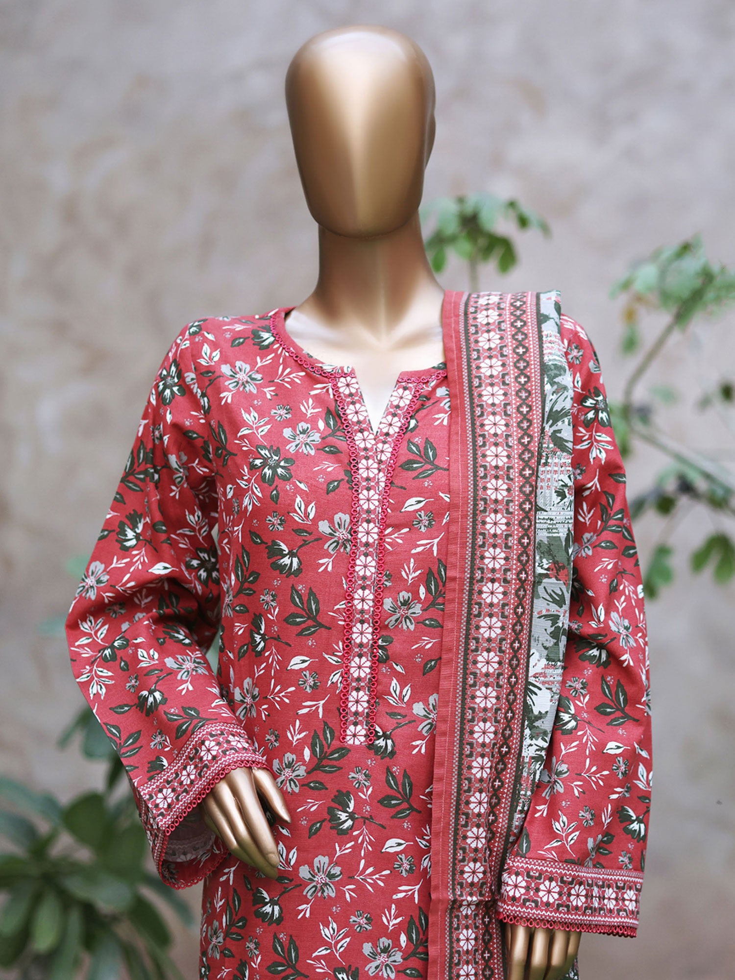 Bin Saeed Printed Khaddar 3-Piece Suit - Rouge Pink