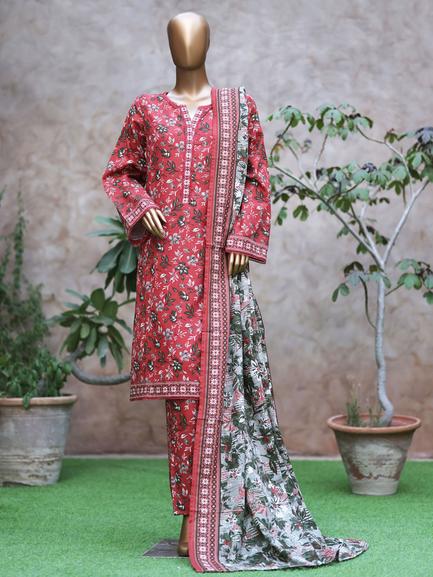 Bin Saeed Printed Khaddar 3-Piece Suit - Rouge Pink