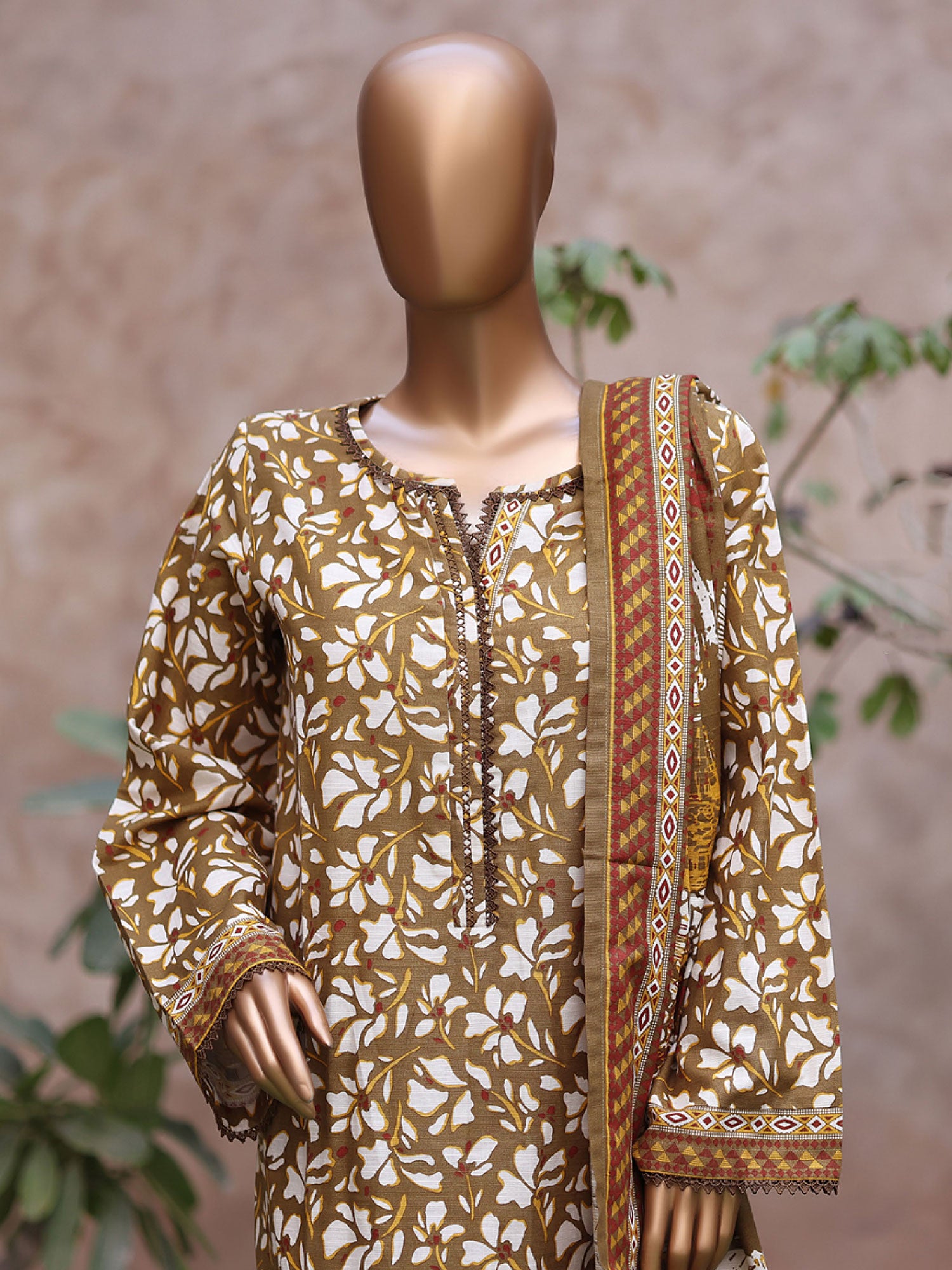 Bin Saeed Printed Khaddar 3-Piece Suit - Olive