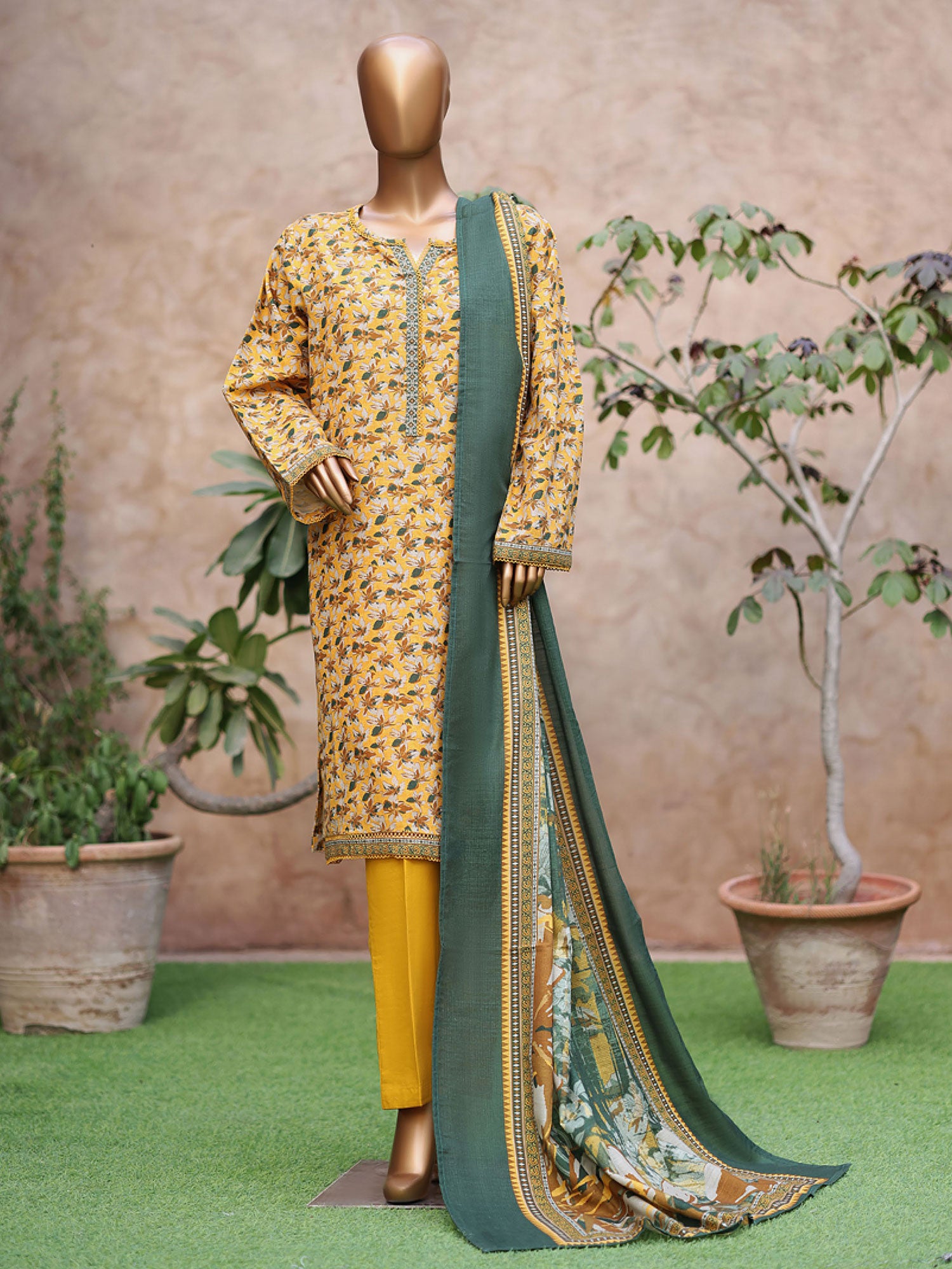 Bin Saeed Printed Khaddar 3-Piece Suit - Yellow