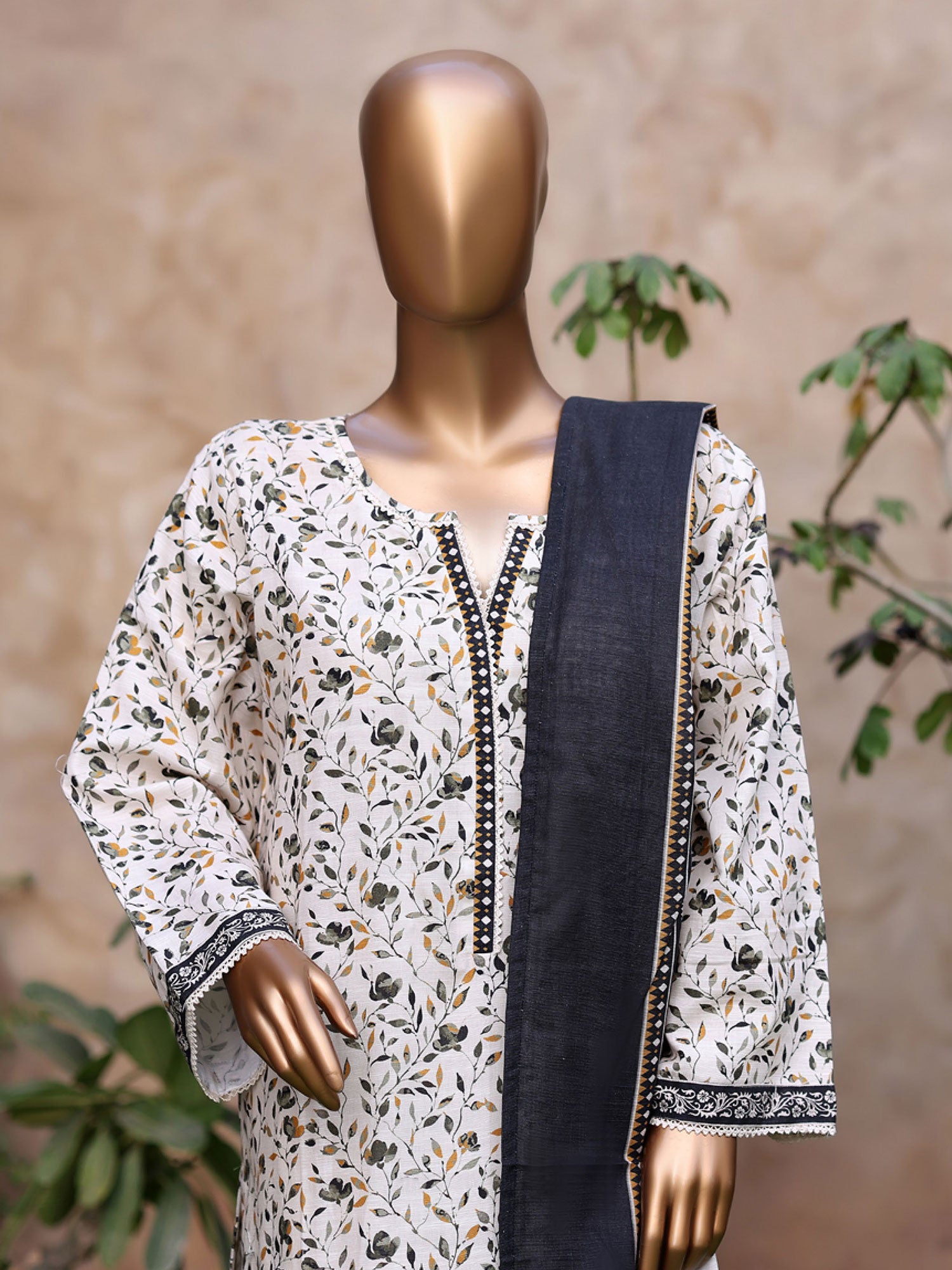 Bin Saeed Printed Khaddar 3-Piece Suit - White