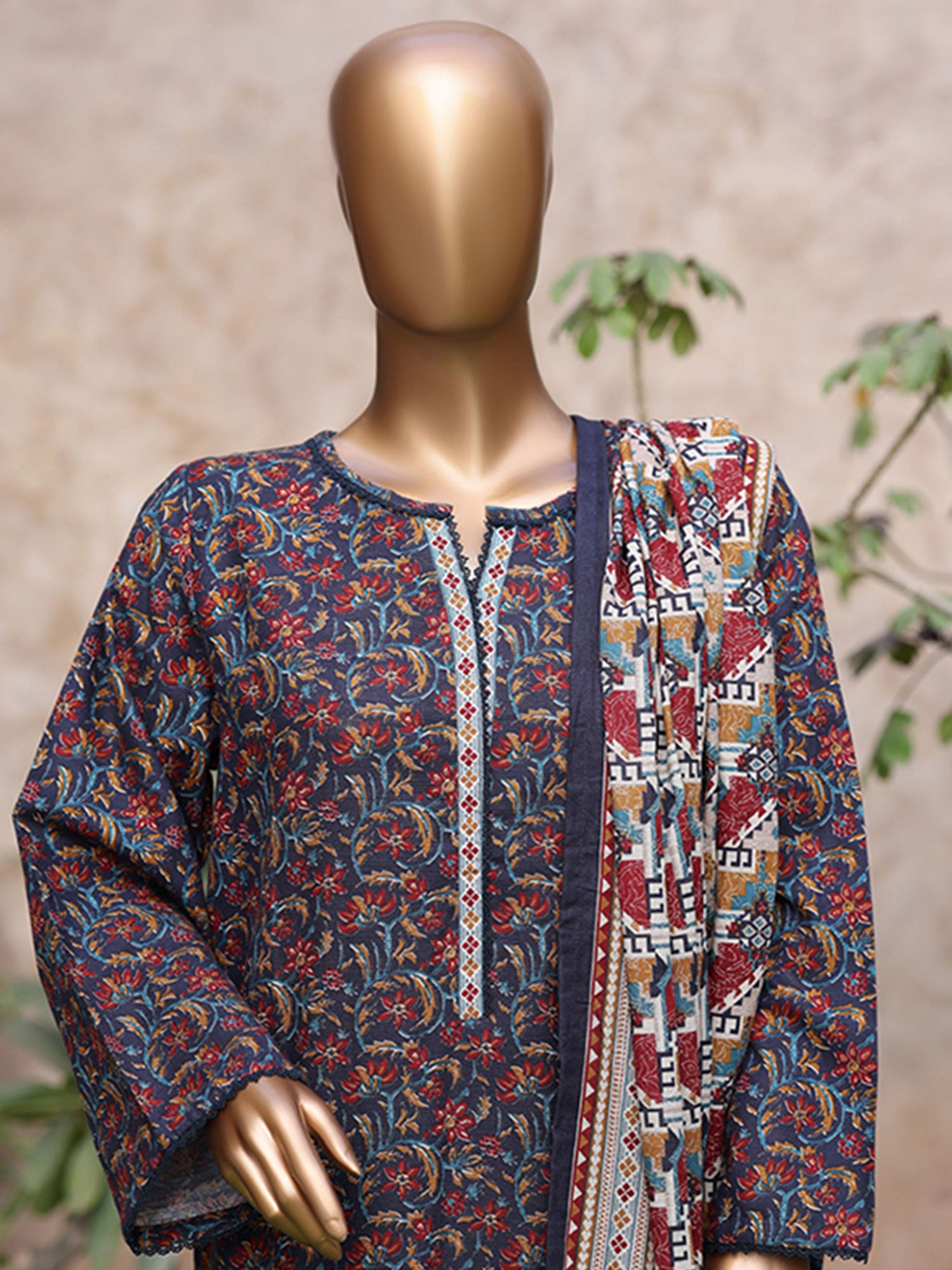 Bin Saeed Printed Khaddar 3-Piece Suit - Navy & Red