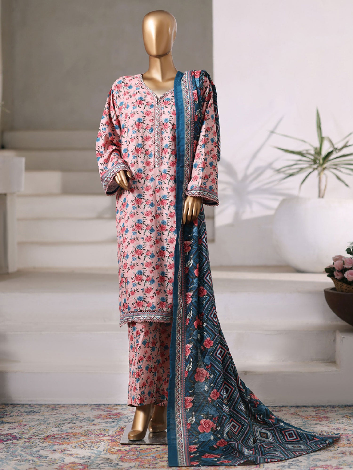 Bin Saeed Printed Khaddar 3-Piece Suit - Light Pink