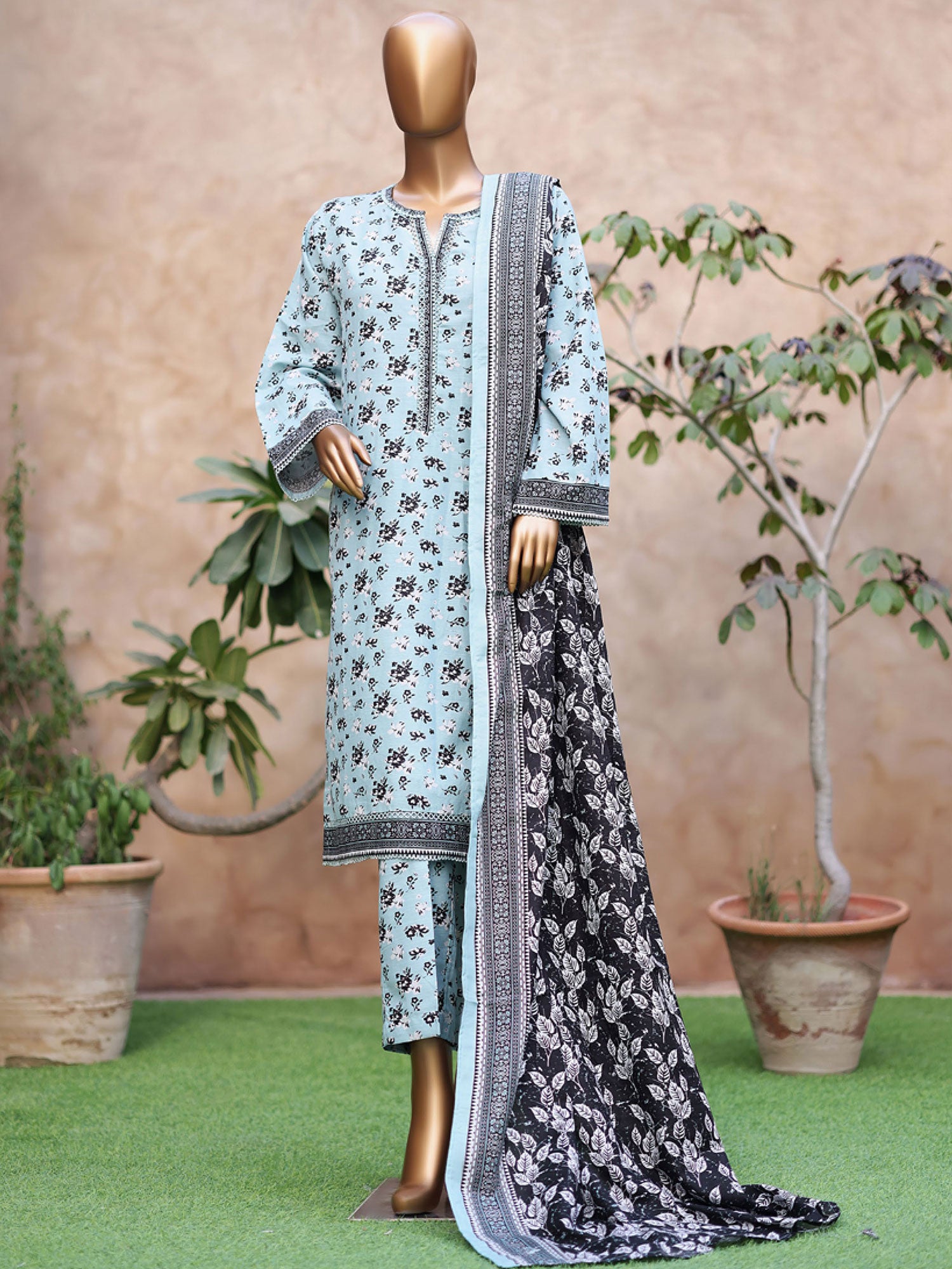 Bin Saeed Printed Khaddar 3-Piece Suit - Light Blue