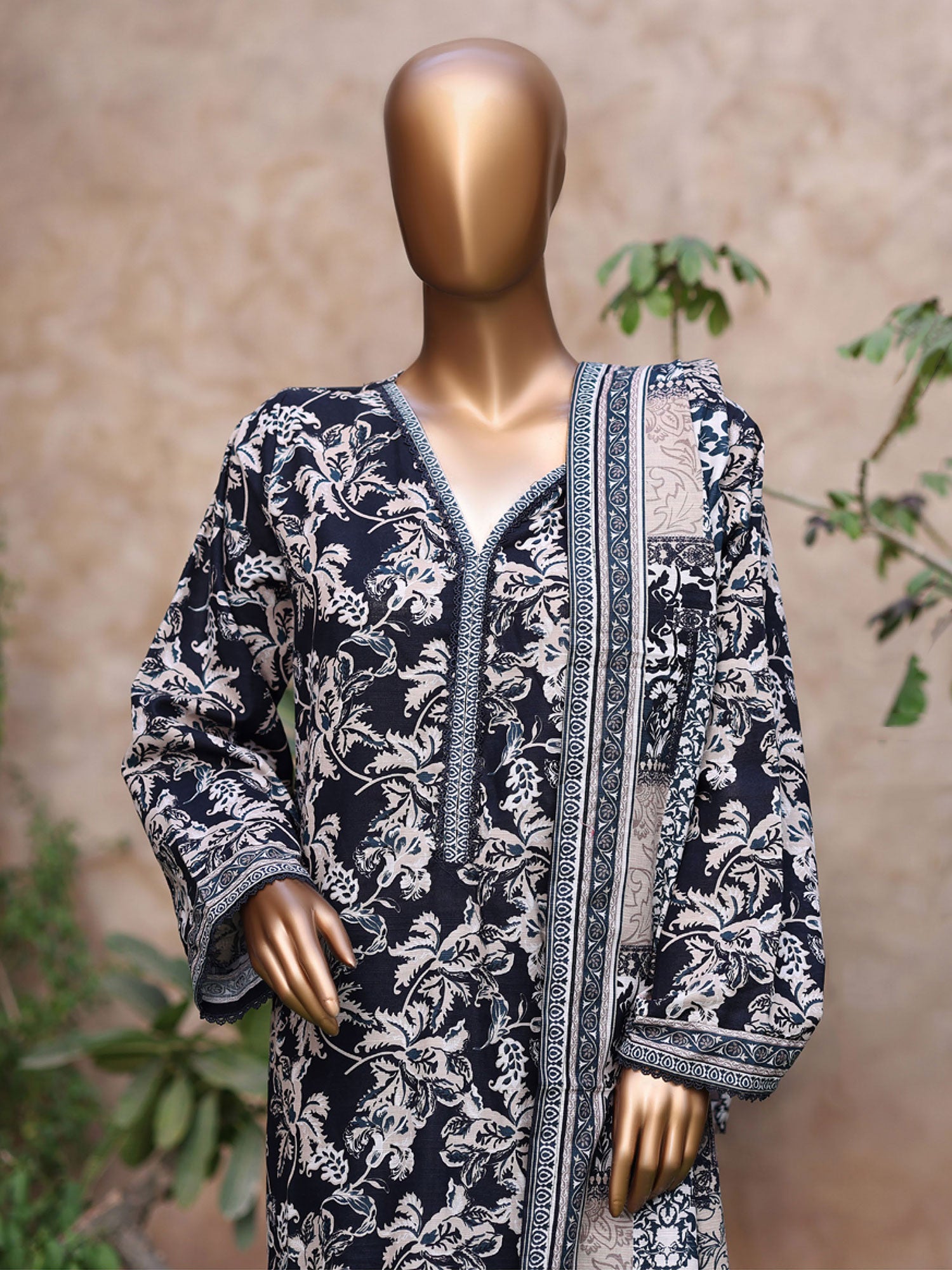 Bin Saeed Printed Khaddar 3-Piece Suit - Dark Green & Beige