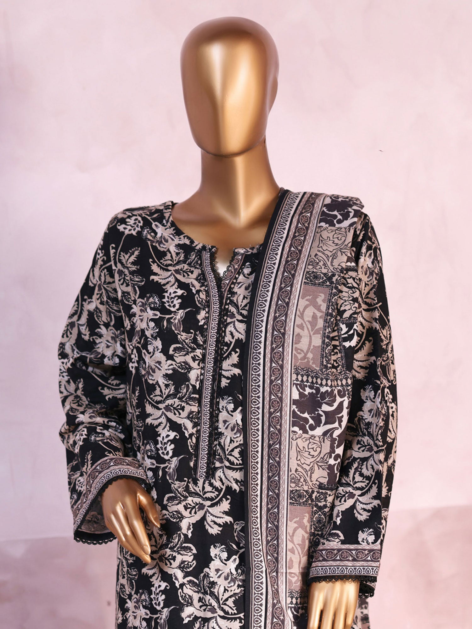 Bin Saeed Printed Khaddar 3-Piece Suit - Black & Beige