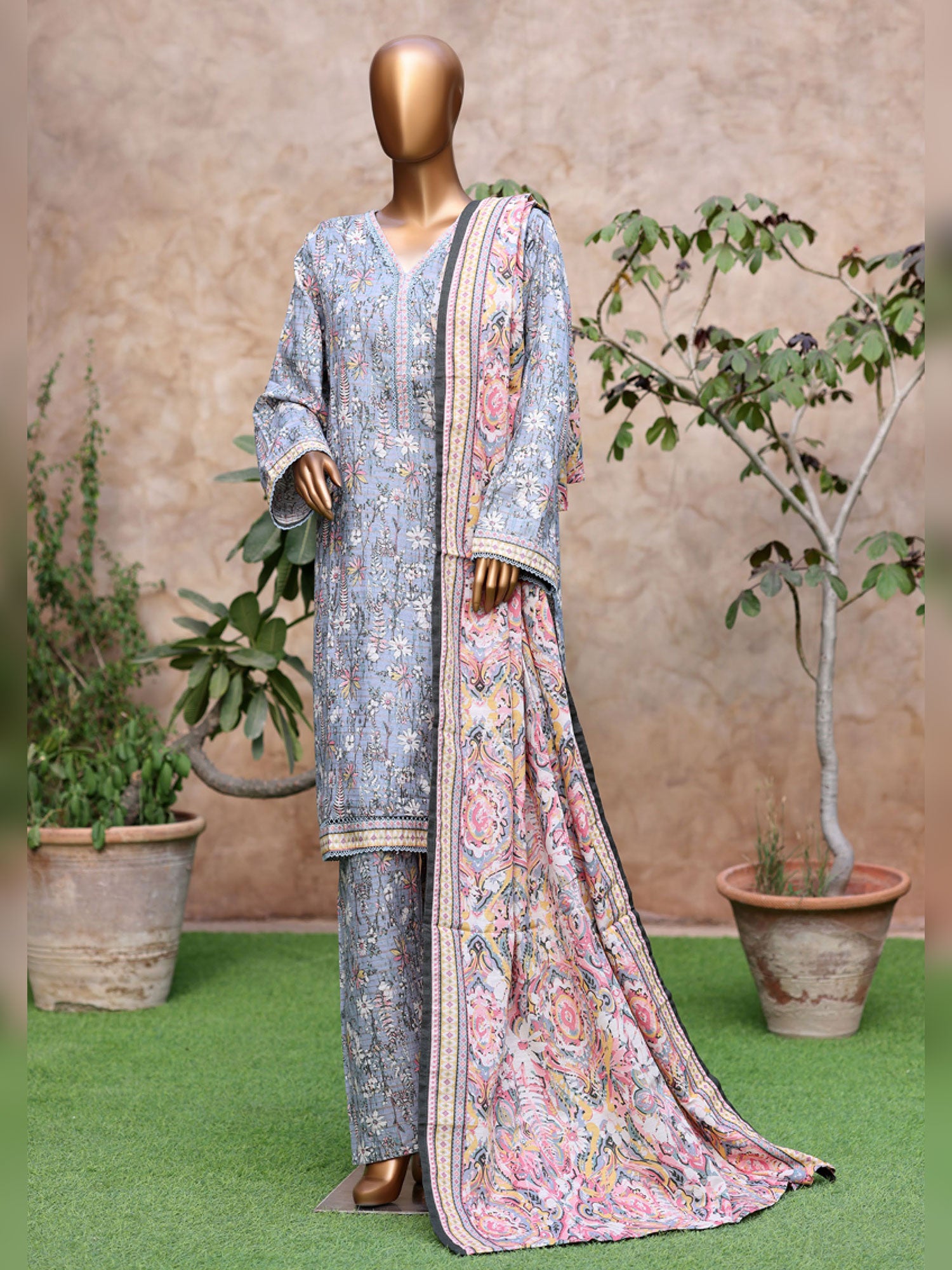 Bin Saeed Printed Khaddar 3-Piece Suit - Blue-Grey