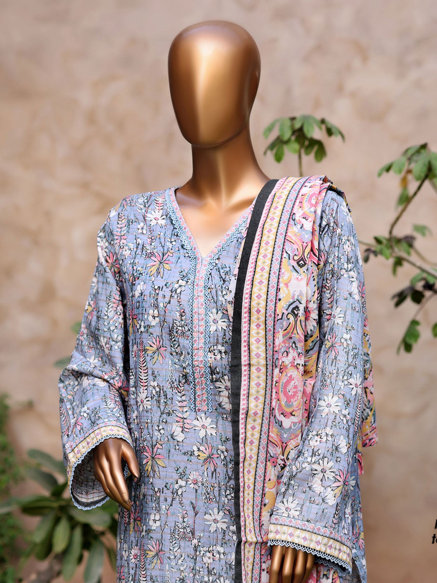 Bin Saeed Printed Khaddar 3-Piece Suit - Blue-Grey